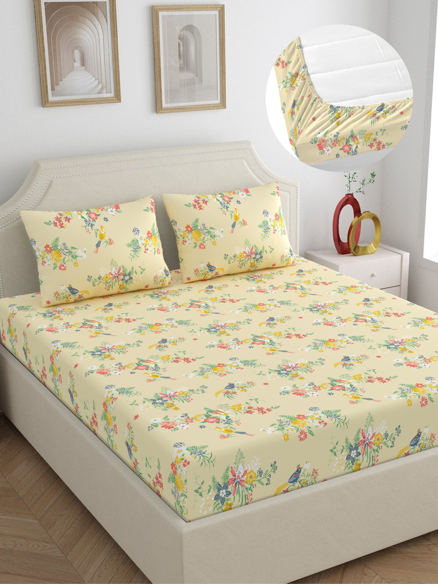 Home Ecstasy 100% Cotton Floral Bedsheet Set | 140 TC | Beige