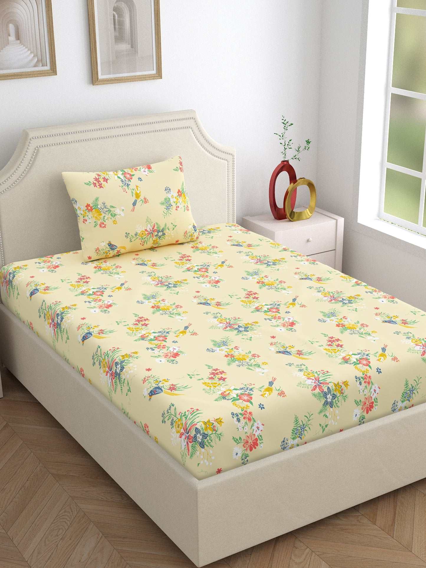 Home Ecstasy 100% Cotton Floral Bedsheet Set | 140 TC | Beige