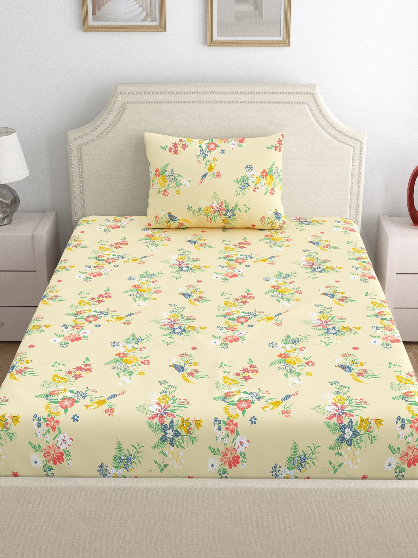 Home Ecstasy 100% Cotton Floral Bedsheet Set | 140 TC | Beige
