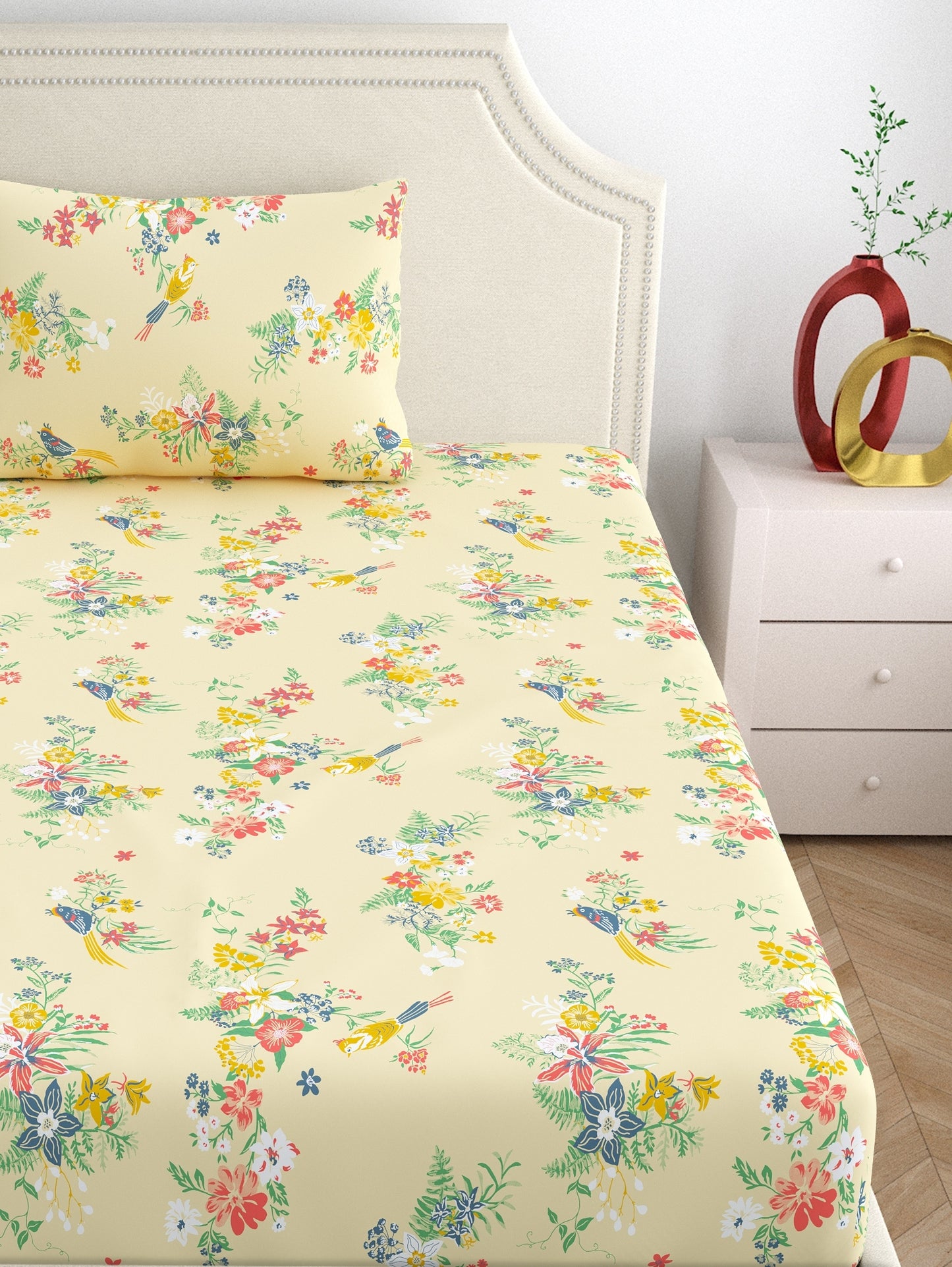Home Ecstasy 100% Cotton Floral Bedsheet Set | 140 TC | Beige