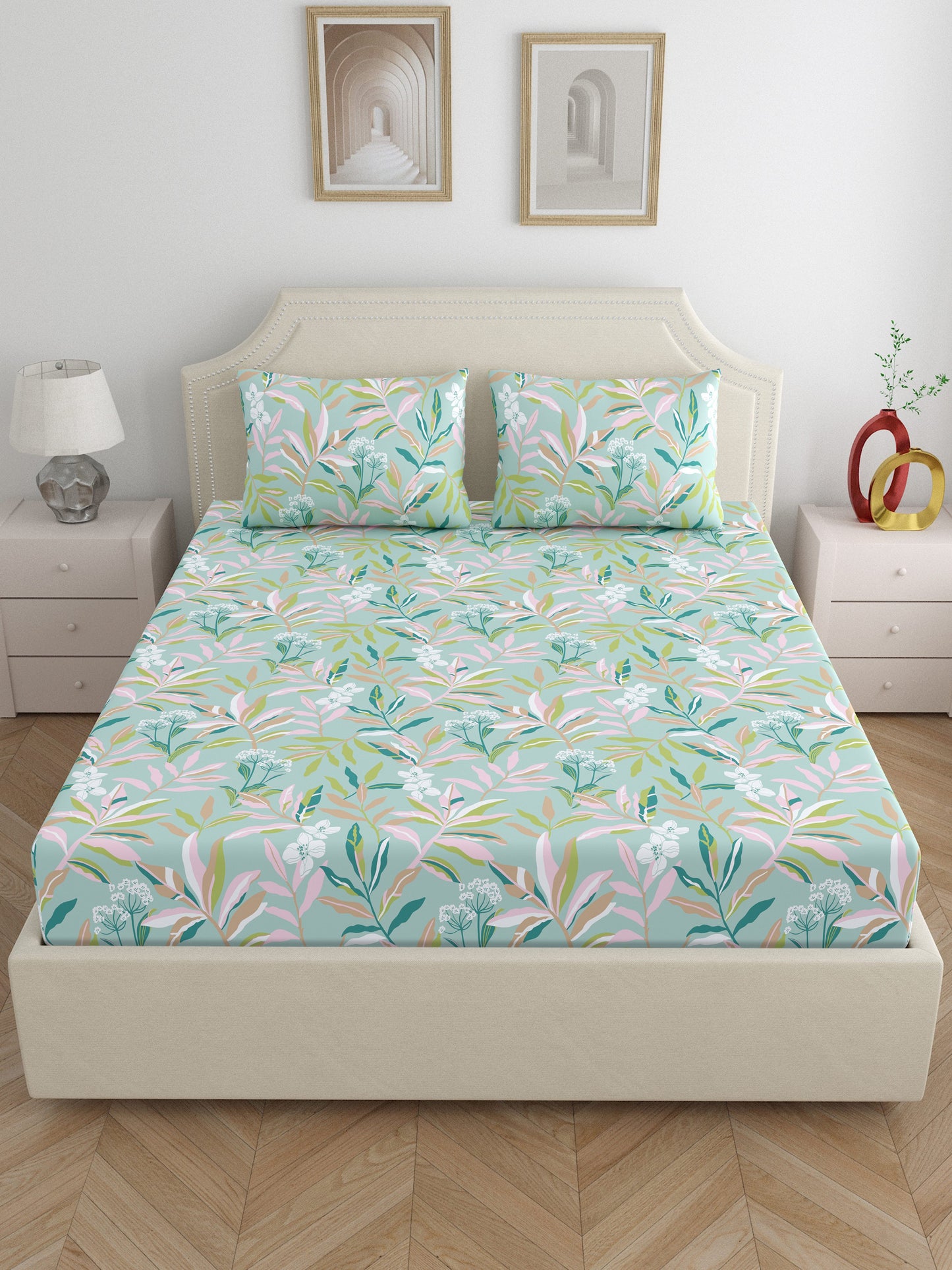 Home Ecstasy 100% Cotton Floral Bedsheet Set | 140 TC | Olive