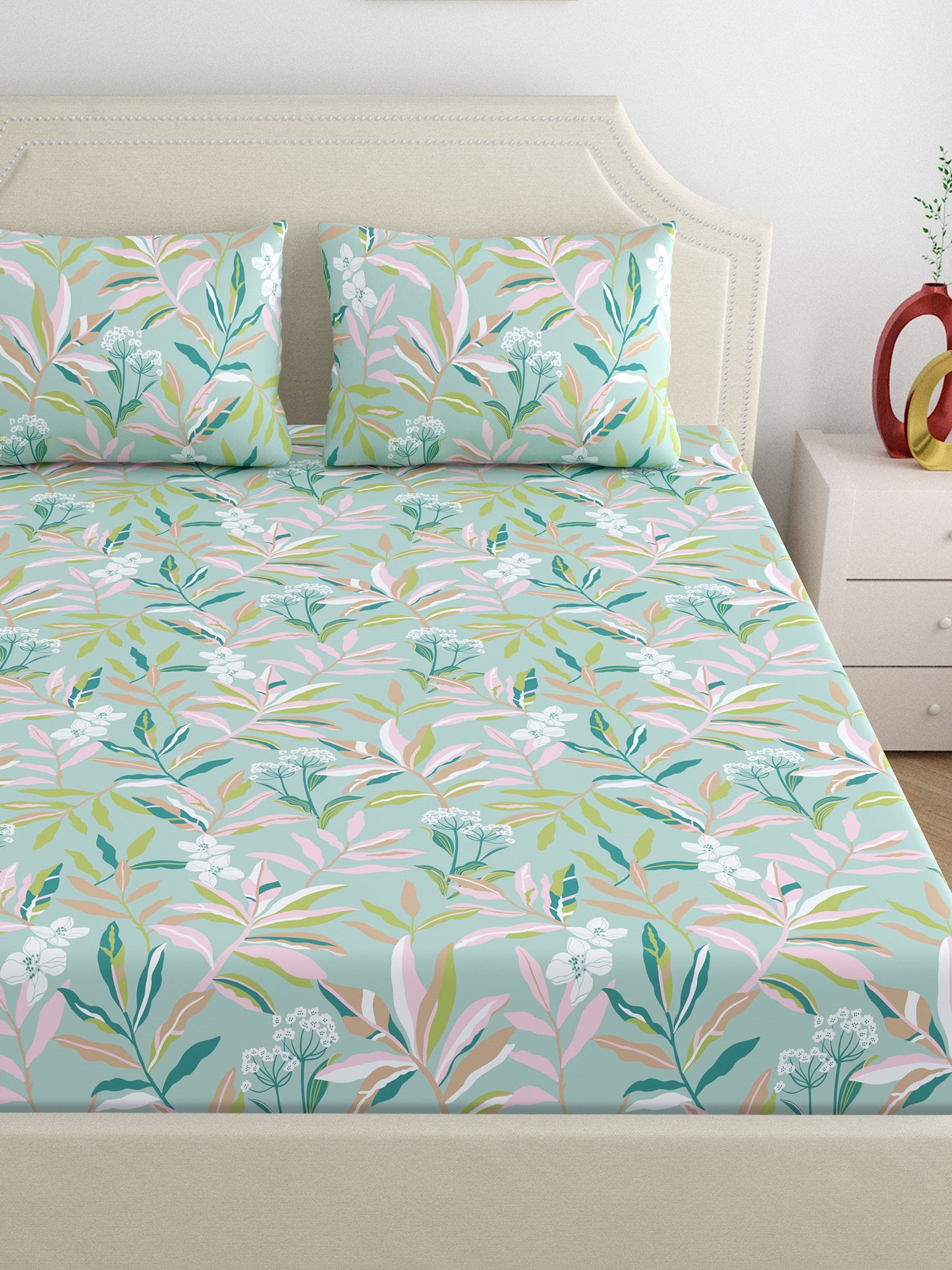 Home Ecstasy 100% Cotton Floral Bedsheet Set | 140 TC | Olive