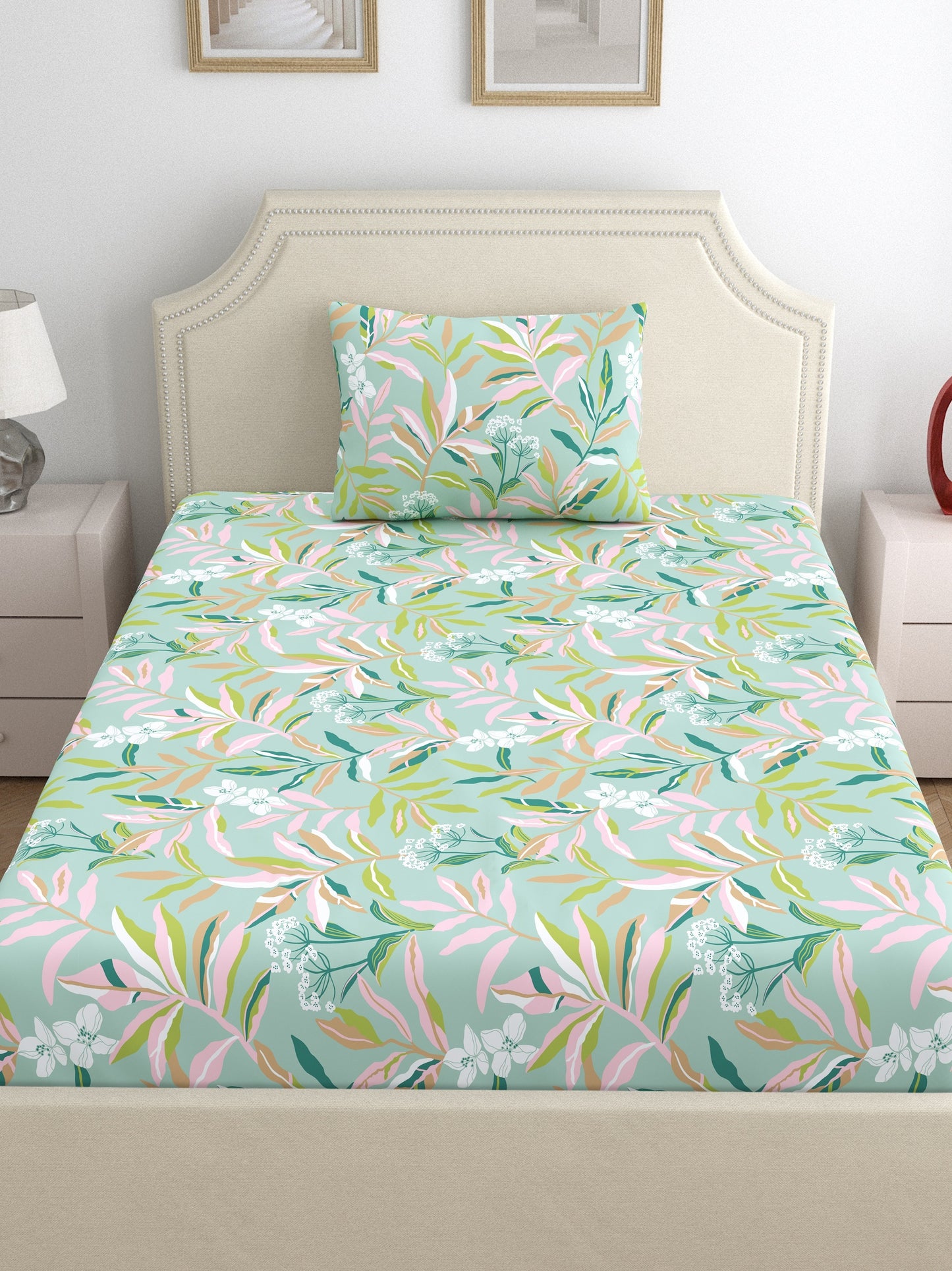 Home Ecstasy 100% Cotton Floral Bedsheet Set | 140 TC | Olive
