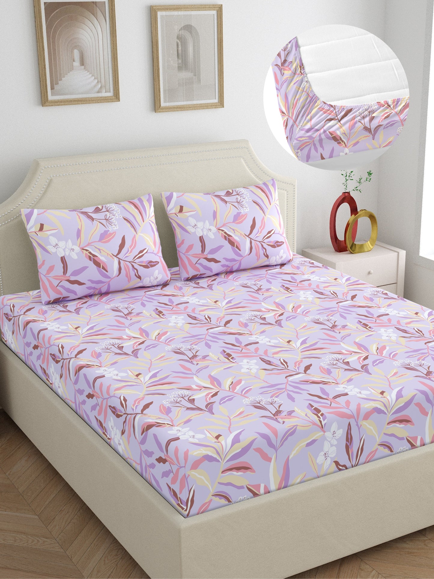 Home Ecstasy 100% Cotton Floral Bedsheet Set | 140 TC | Purple