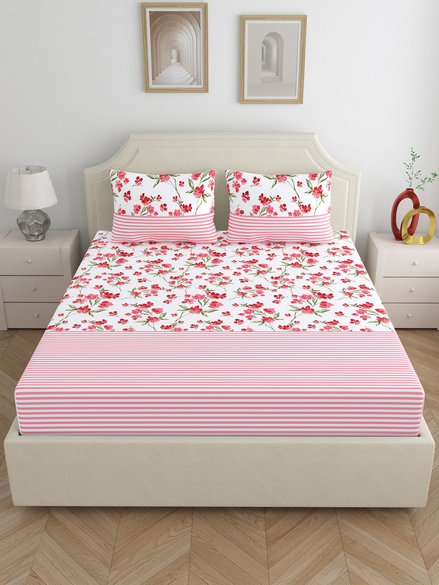 Home Ecstasy 100% Cotton Floral Bedsheet Set | 140 TC | Pink