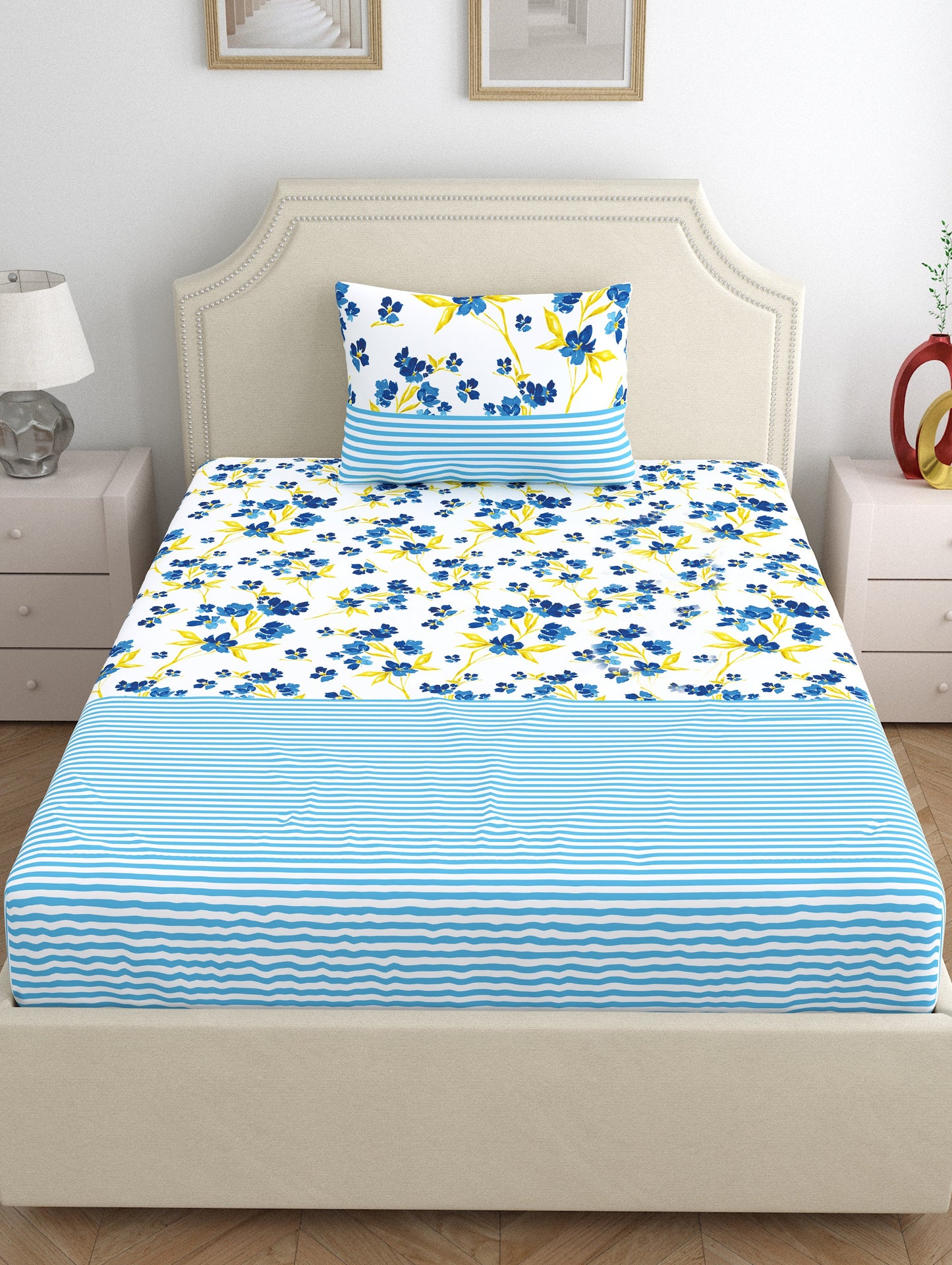 Home Ecstasy 100% Cotton 140 TC Floral Bedsheet Set - Colour: Blue
