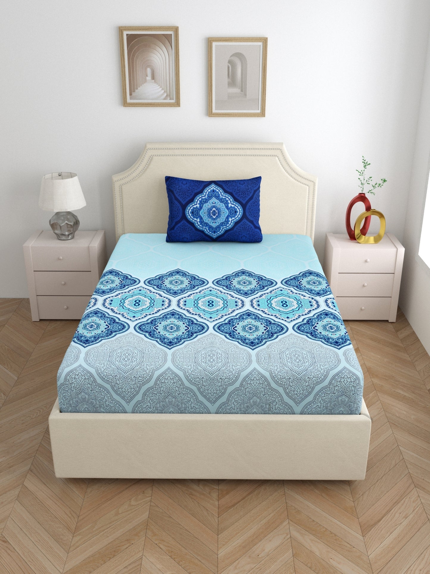 Dreamscape 100% Cotton Ethnic Bedsheet Set | 140 TC | Blue