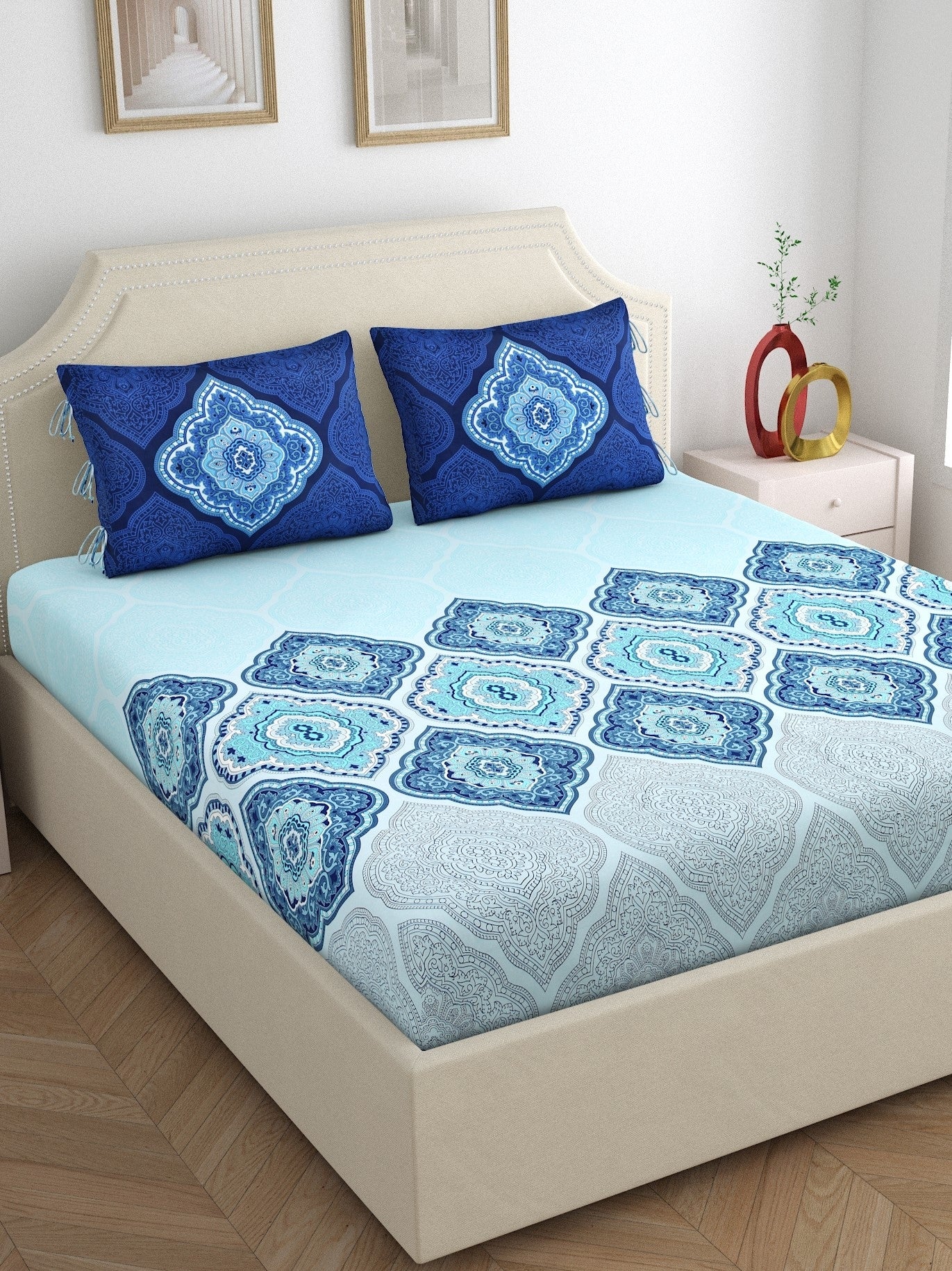 Dreamscape 100% Cotton Ethnic Bedsheet Set | 140 TC | Blue