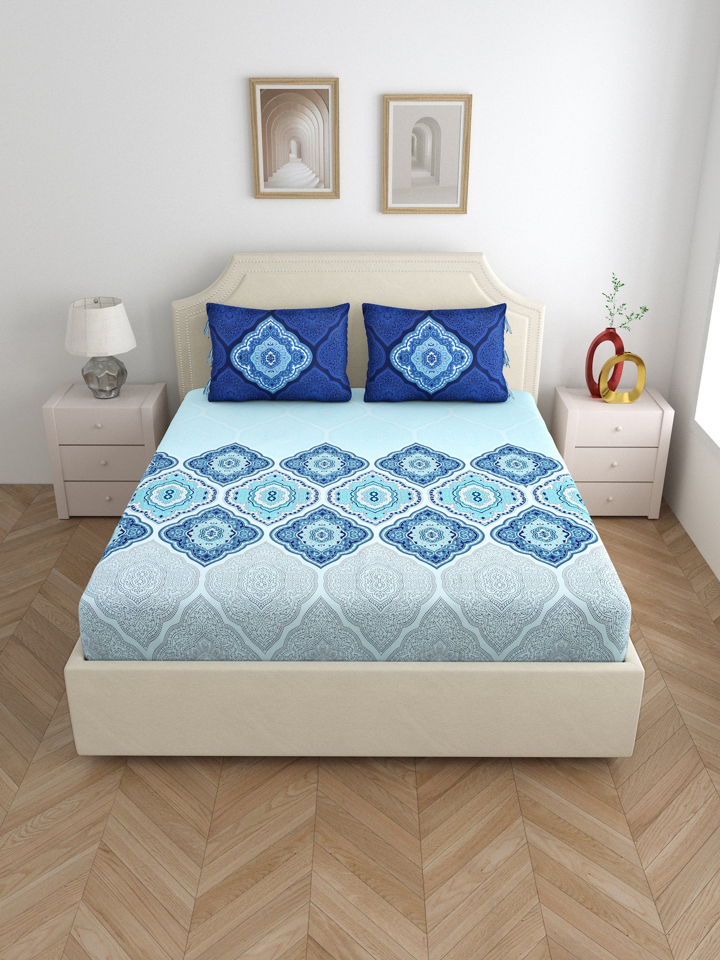 Dreamscape 100% Cotton Ethnic Bedsheet Set | 140 TC | Blue