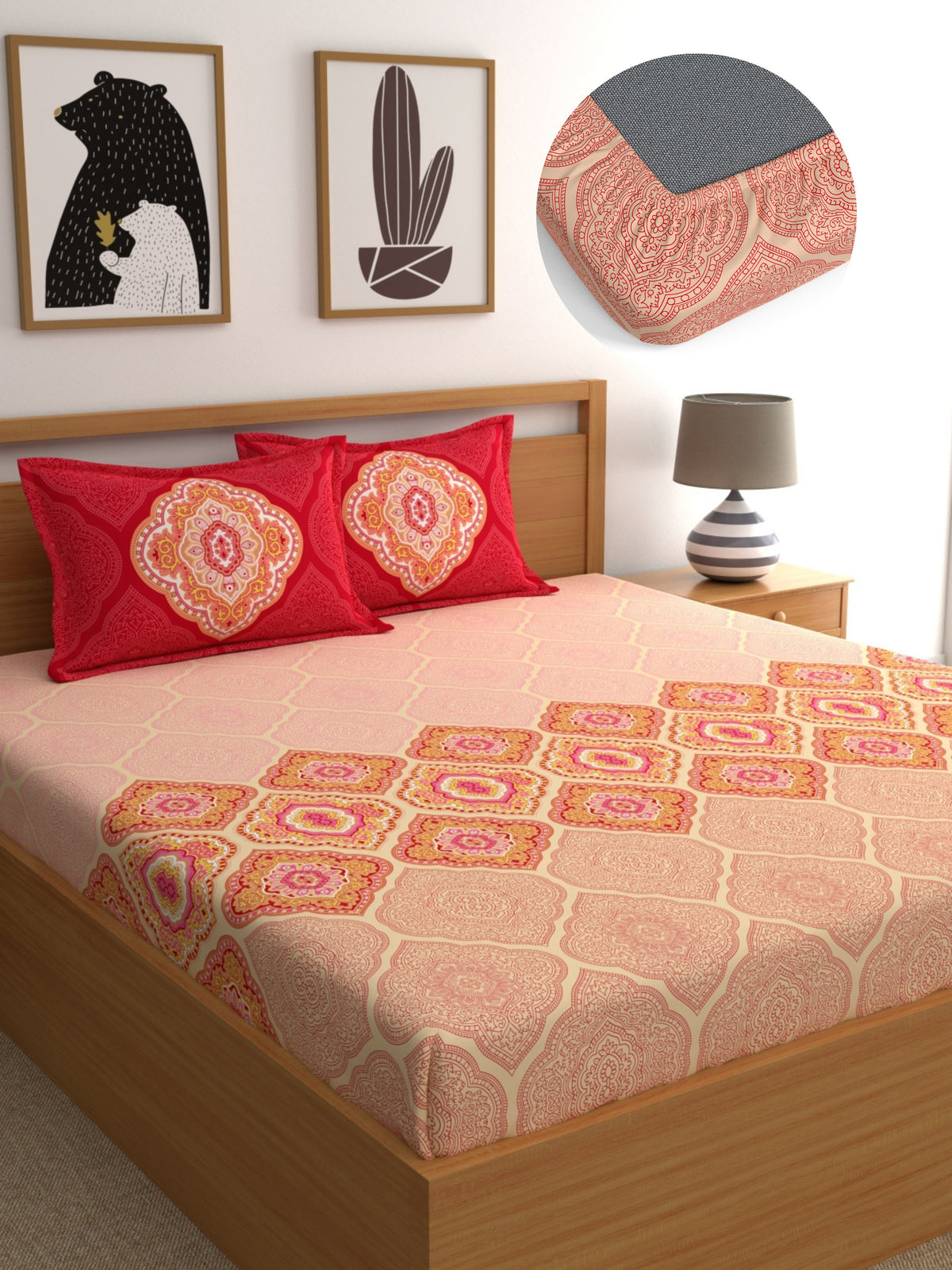 Dreamscape 100% Cotton 140 TC Ethnic Bedsheet Set - Colour: Red