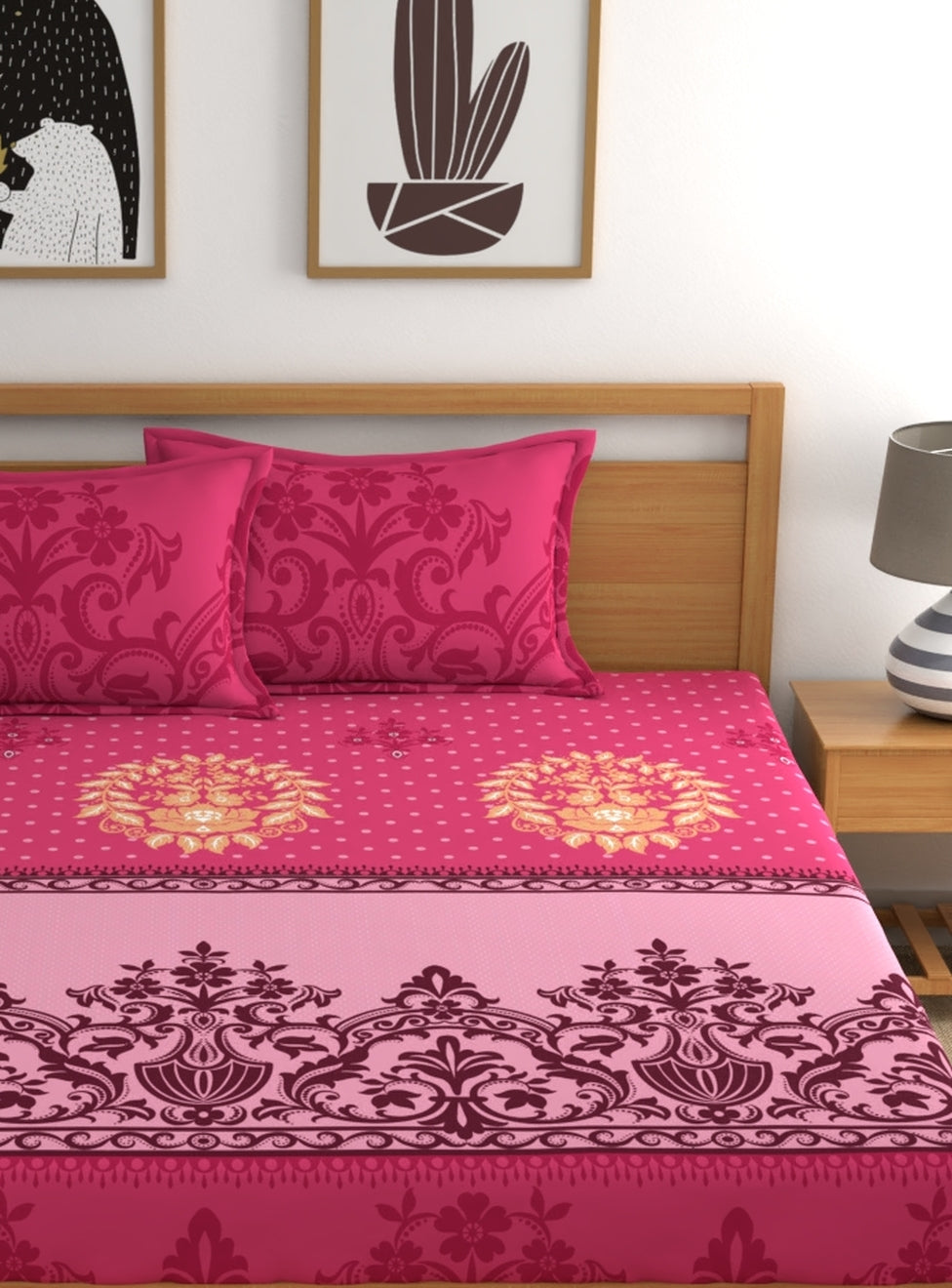 Dreamscape 100% Cotton Abstract Bedsheet Set | 140 TC | Pink