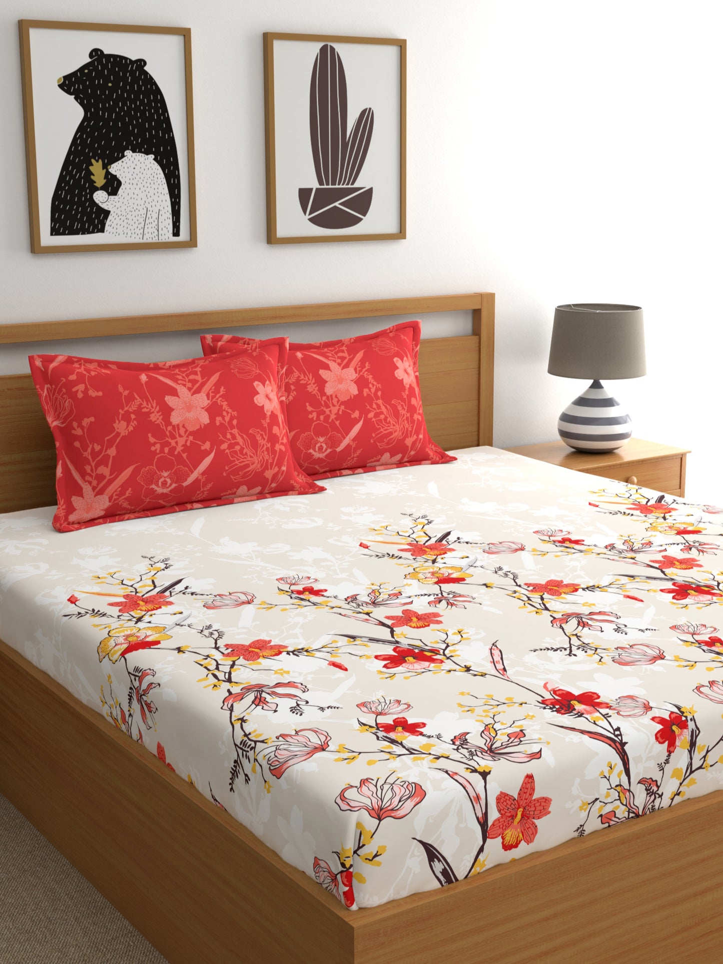 Dreamscape 100% Cotton Floral Bedsheet Set | 140 TC | Tomato