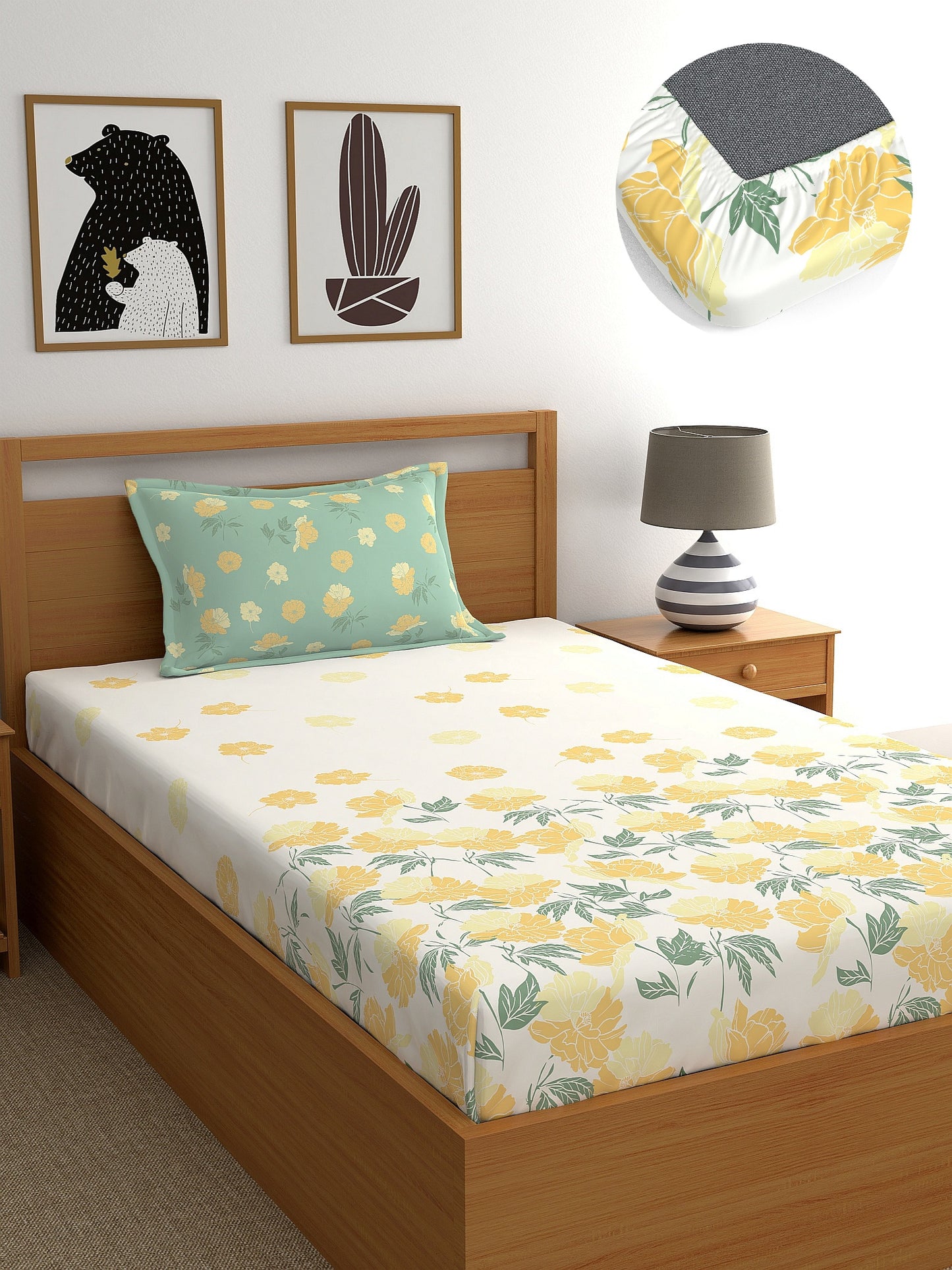 Dreamscape 100% Cotton Fitted Bedsheet with Pillow Covers - (140 TC, Colour - Beige)