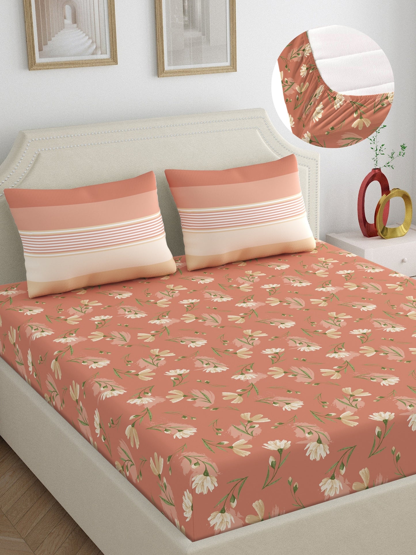 Dreamscape 100% Cotton 140 TC Floral Bedsheet Set - Colour: Brown