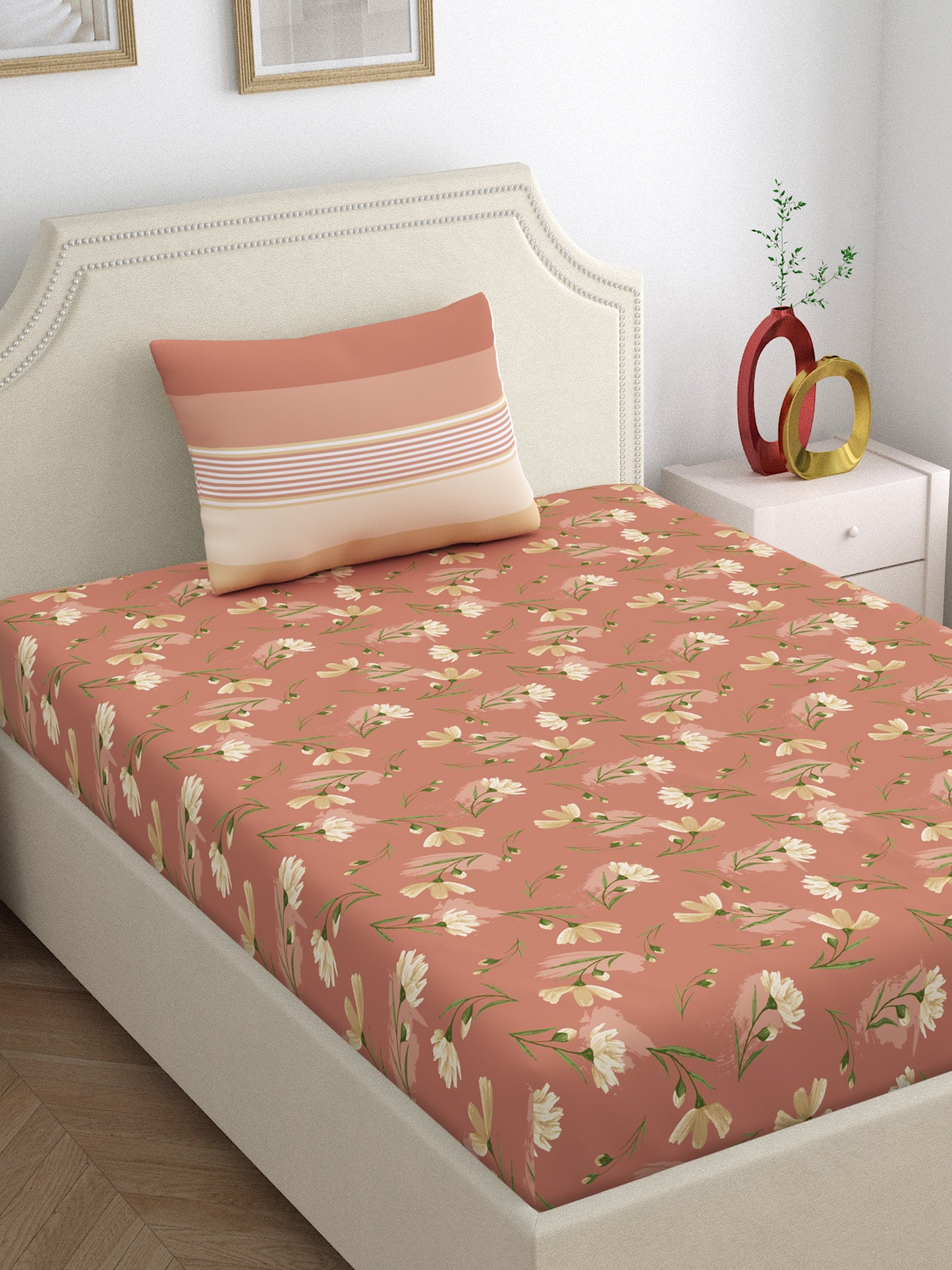 Dreamscape 100% Cotton Floral Bedsheet Set, Premium | 140 TC | Brown