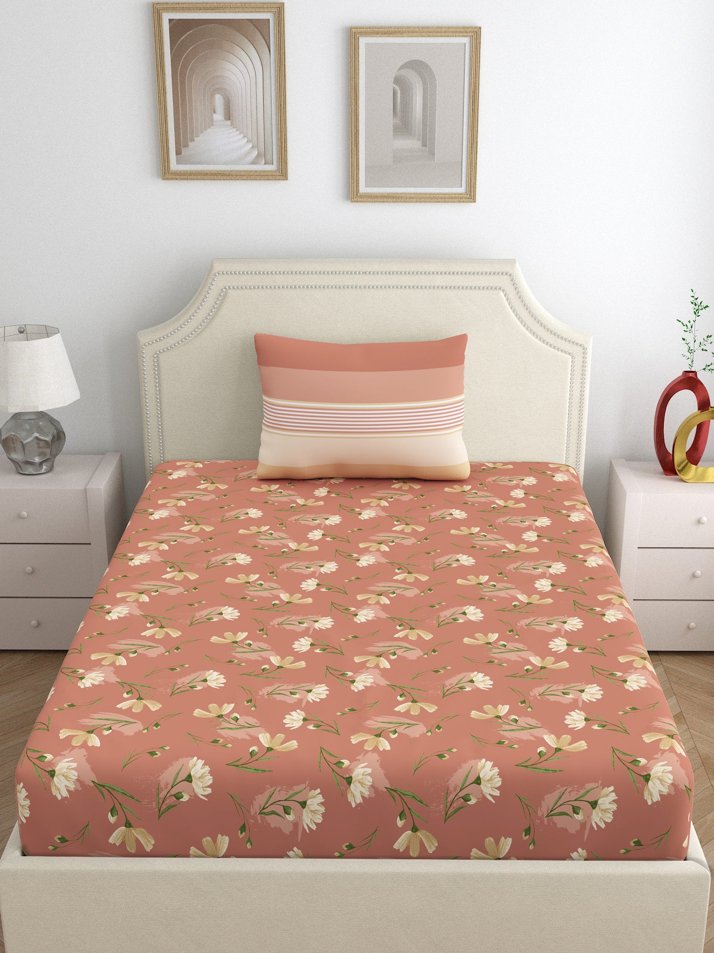 Dreamscape 100% Cotton Floral Bedsheet Set, Premium | 140 TC | Brown