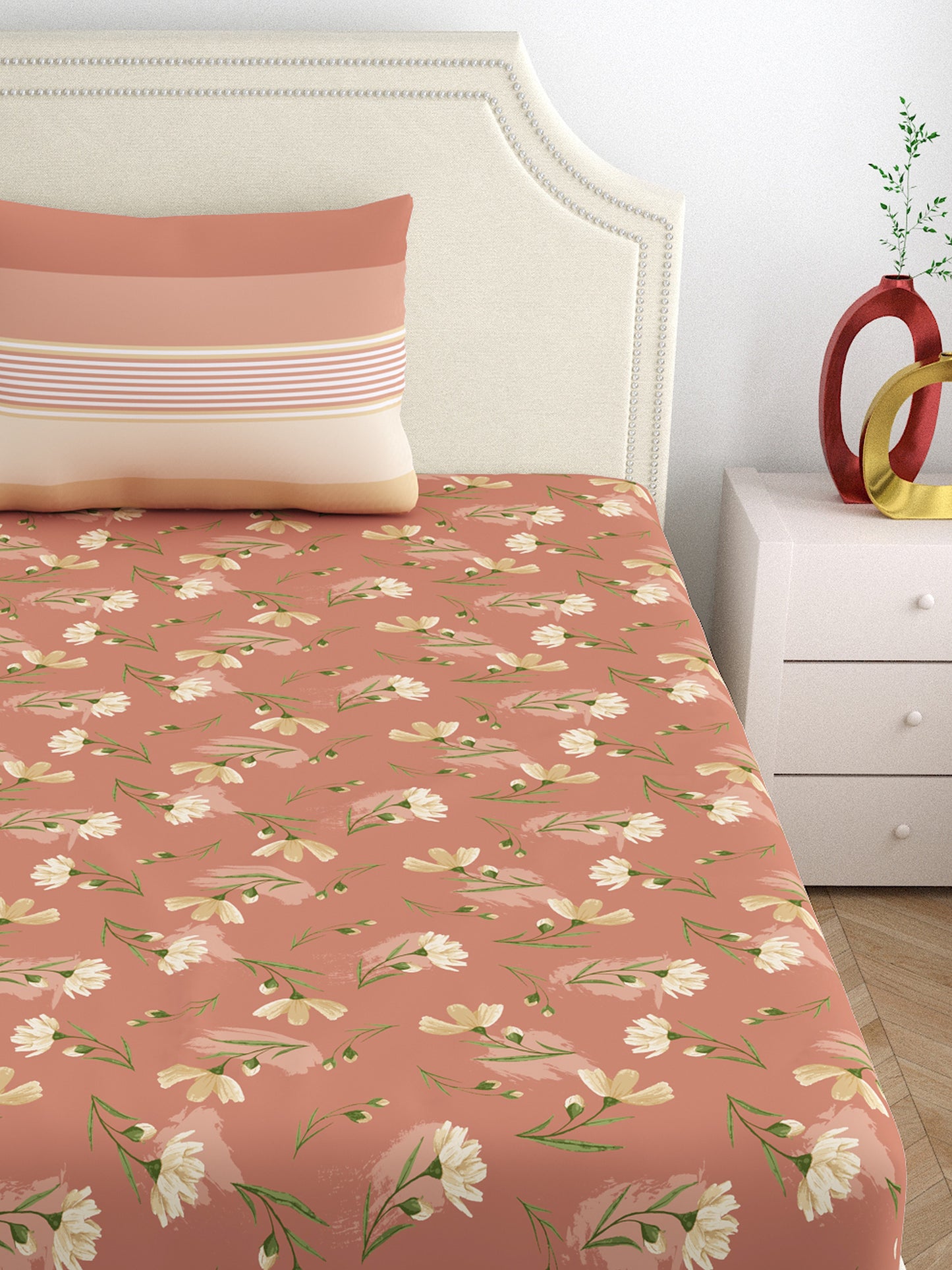 Dreamscape 100% Cotton Floral Bedsheet Set, Premium | 140 TC | Brown