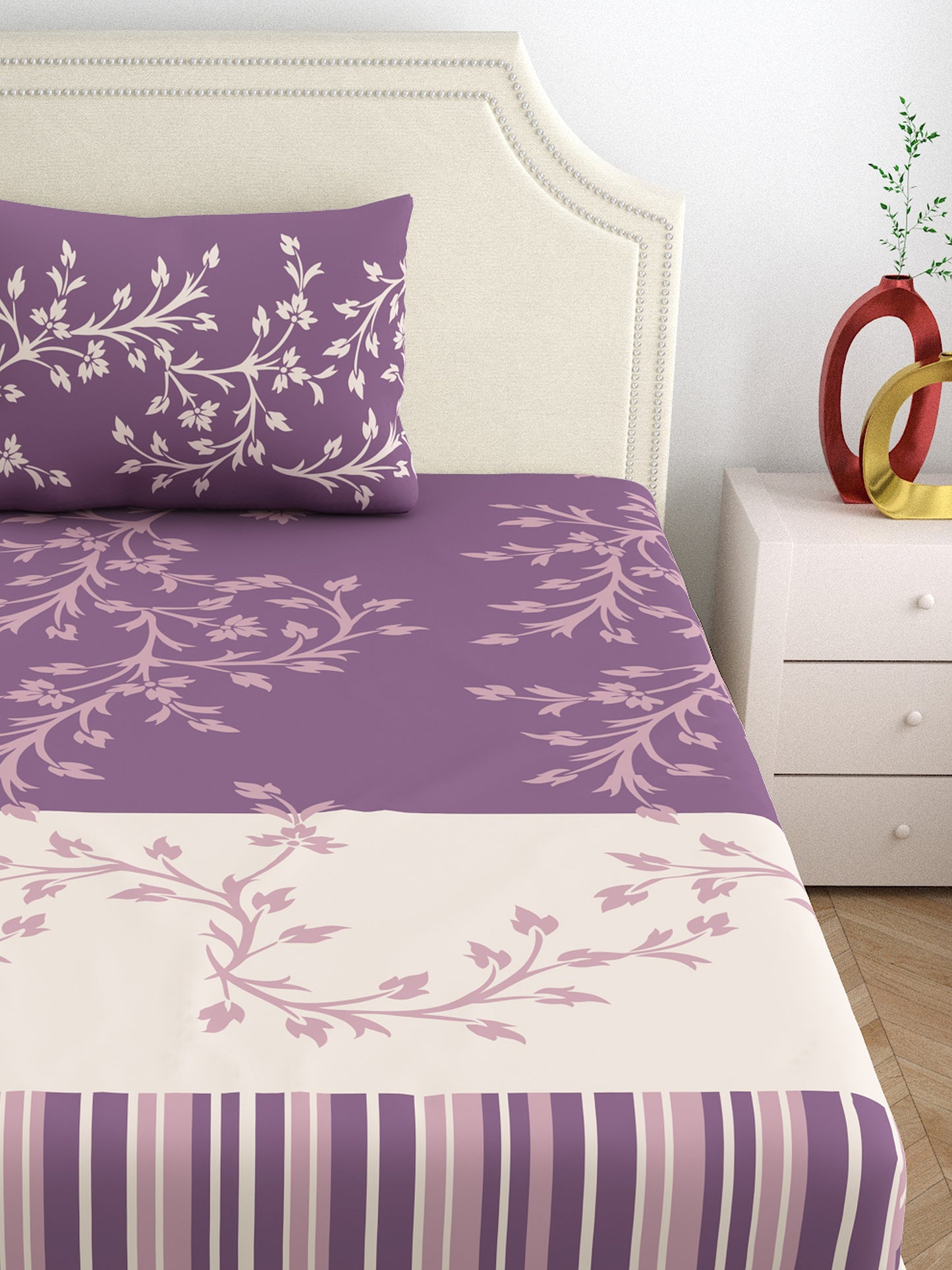 Dreamscape 100% Cotton Floral Bedsheet Set with Pillow Covers | 140TC | Purple | 140 TC |