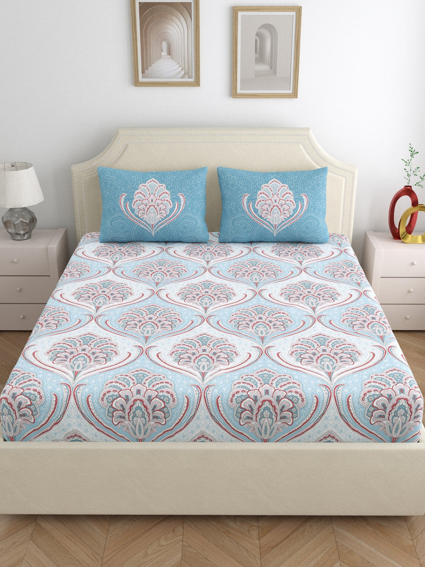 Dreamscape 100% Cotton Ethnic Bedsheet Set | 200 TC | Blue
