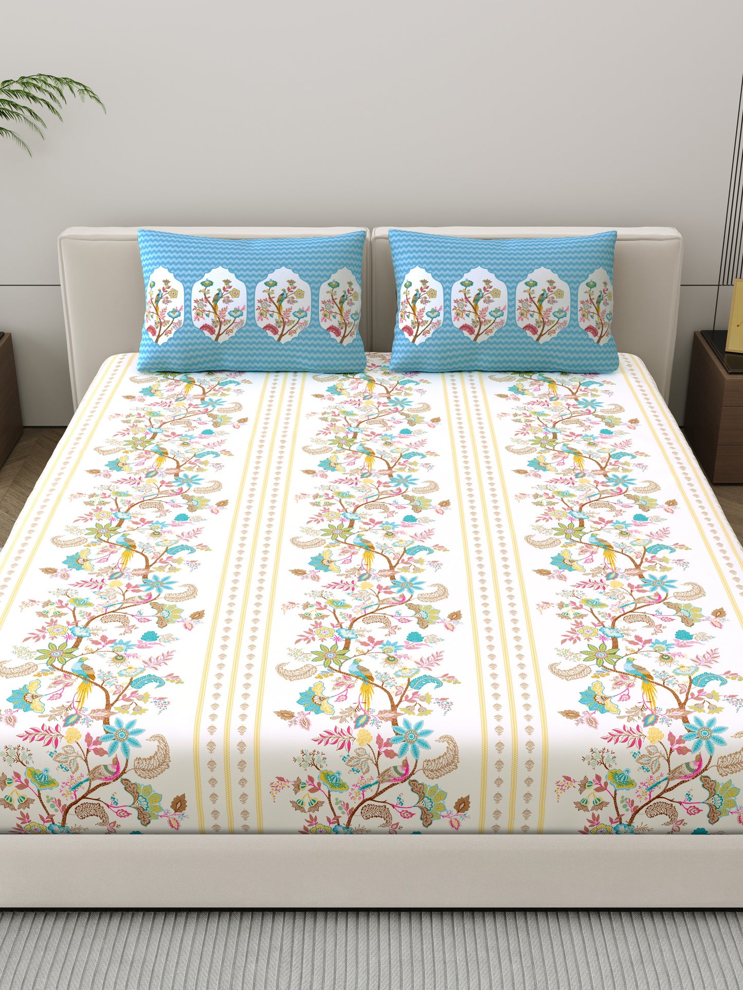 Dreamscape 100% Cotton Ethnic Bedsheet Set | 200 TC | Blue