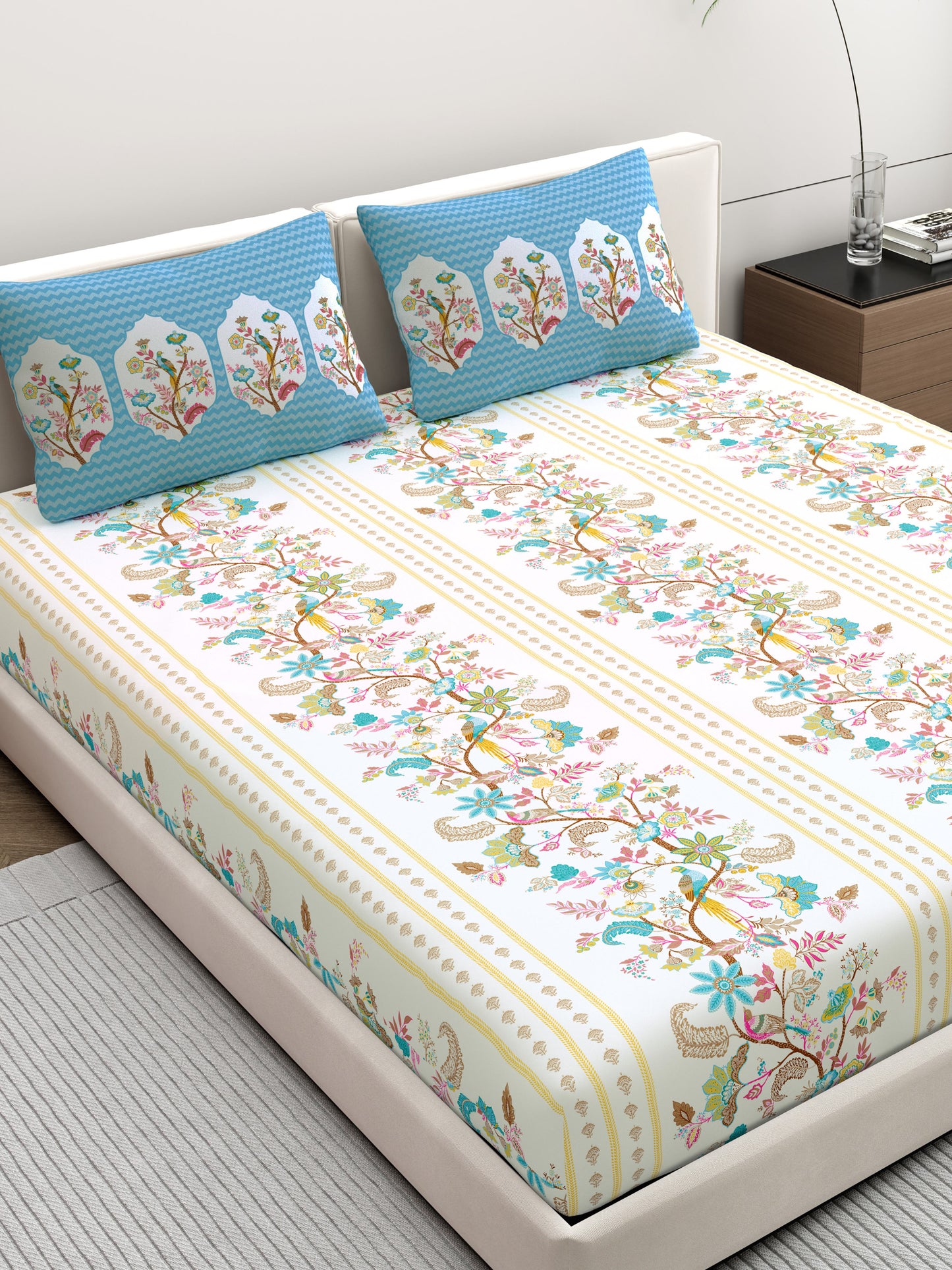 Dreamscape 100% Cotton Ethnic Bedsheet Set | 200 TC | Blue
