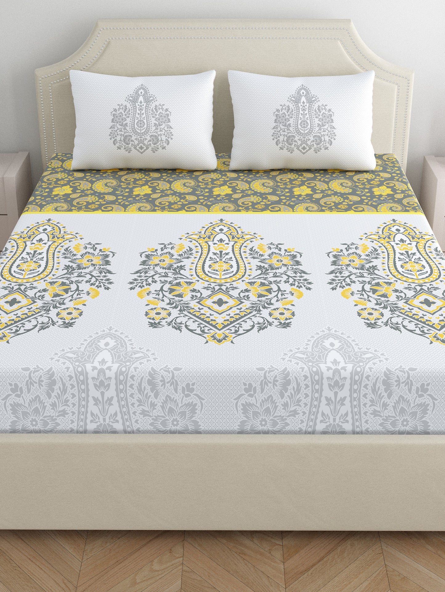 Dreamscape 100% Cotton Ethnic Bedsheet Set | 200 TC | Grey