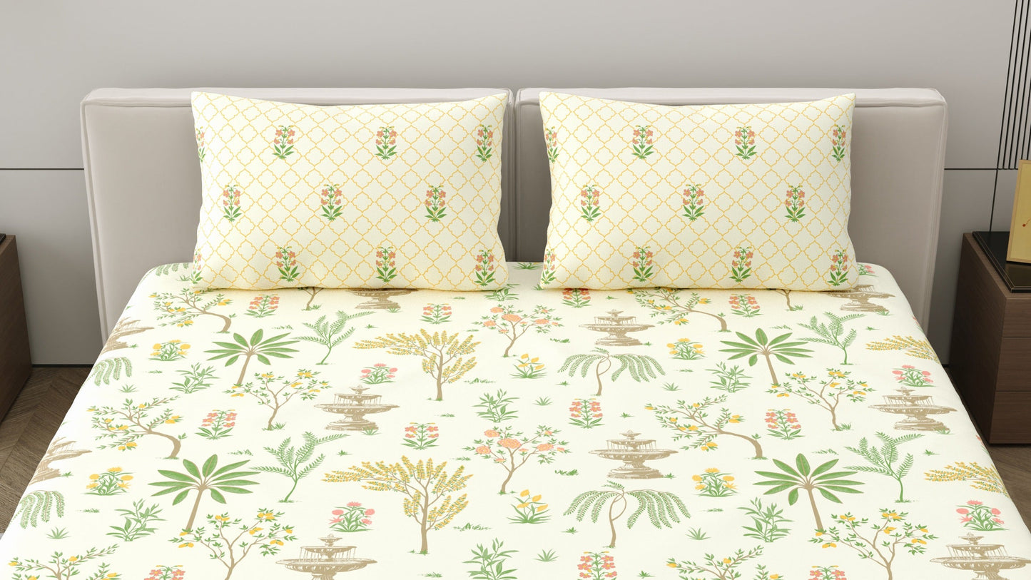 Dreamscape 100% Cotton Ethnic Bedsheet Set | 200 TC | Cream
