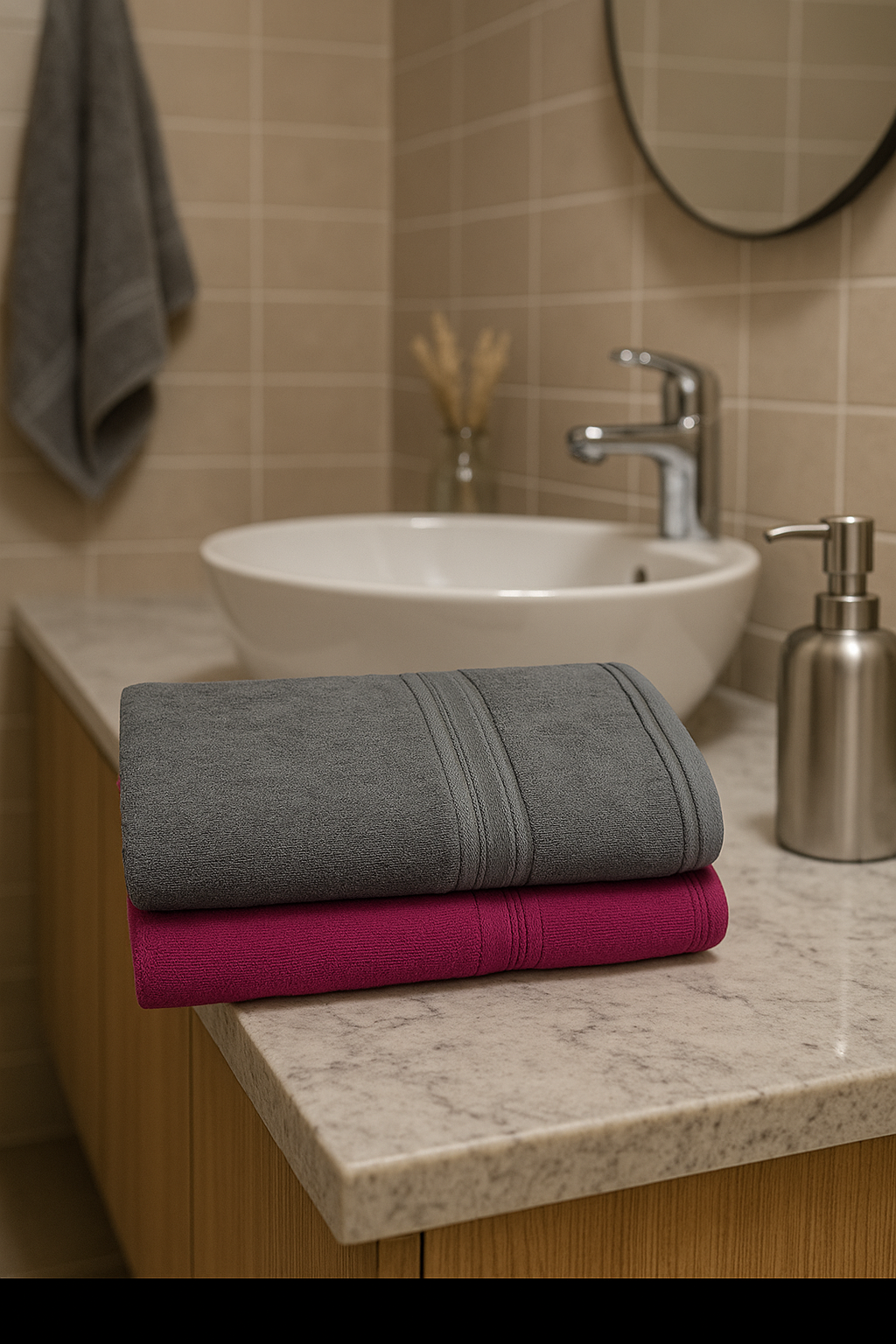 Dreamscape 100% Cotton 550 GSM Bath Towel Set of 2 | Light Grey & Dark Pink