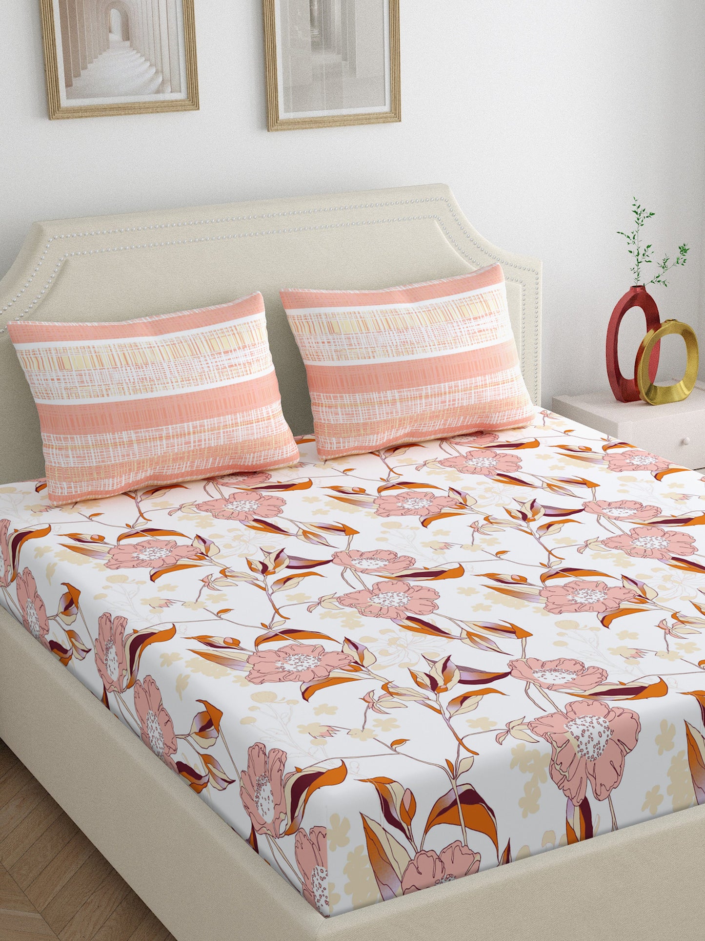Home Ecstasy 100% Cotton | Floral Bedsheet Set | 140 TC | Beige