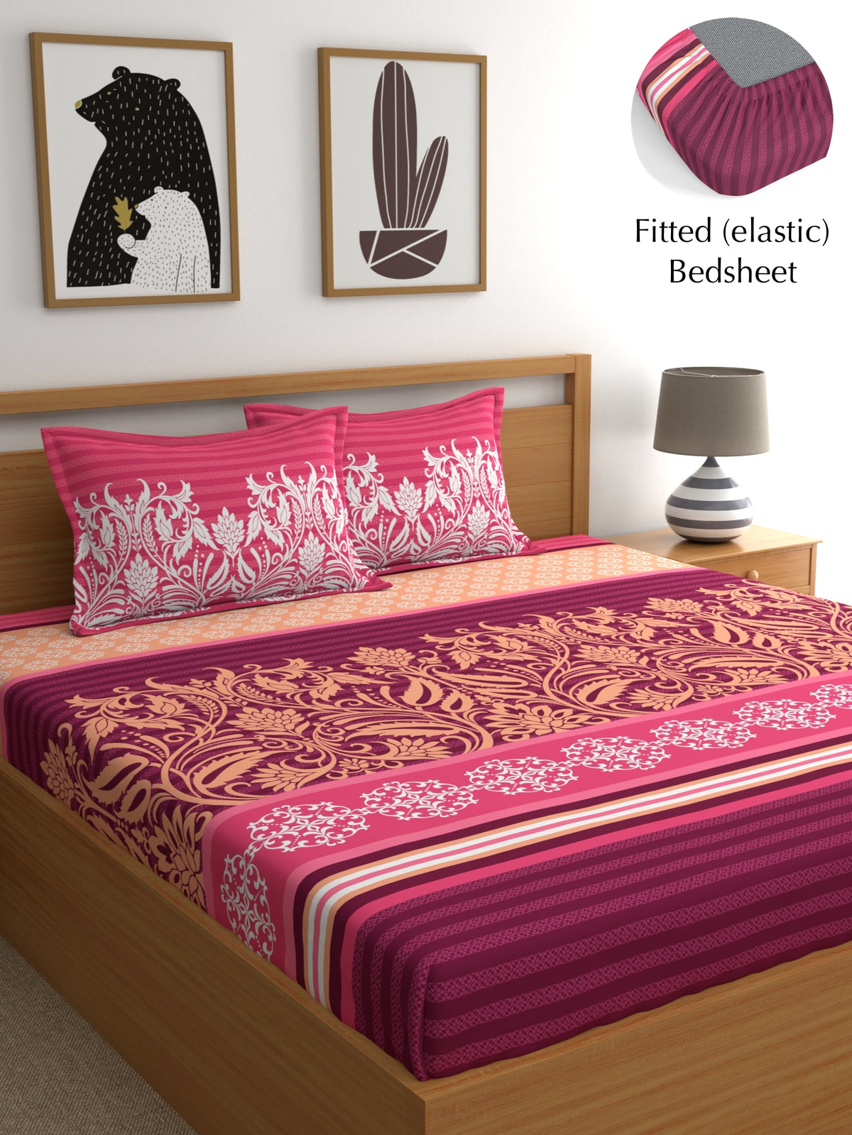 My Room 100% Cotton 140 TC Ethnic Bedsheet Set - Colour: Dark Pink
