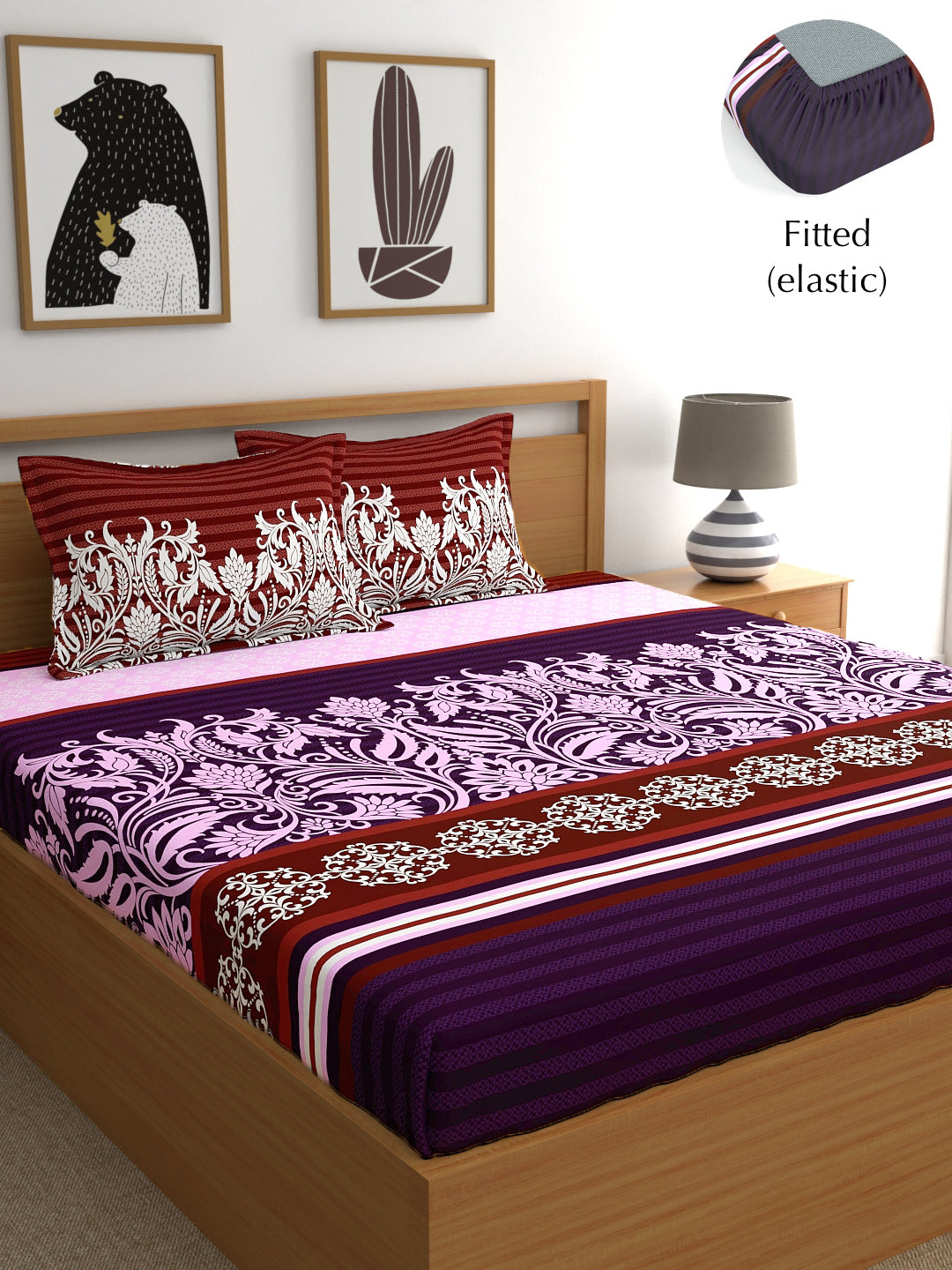 My Room 100% Cotton 140 TC Ethnic Bedsheet Set - Colour: Purple
