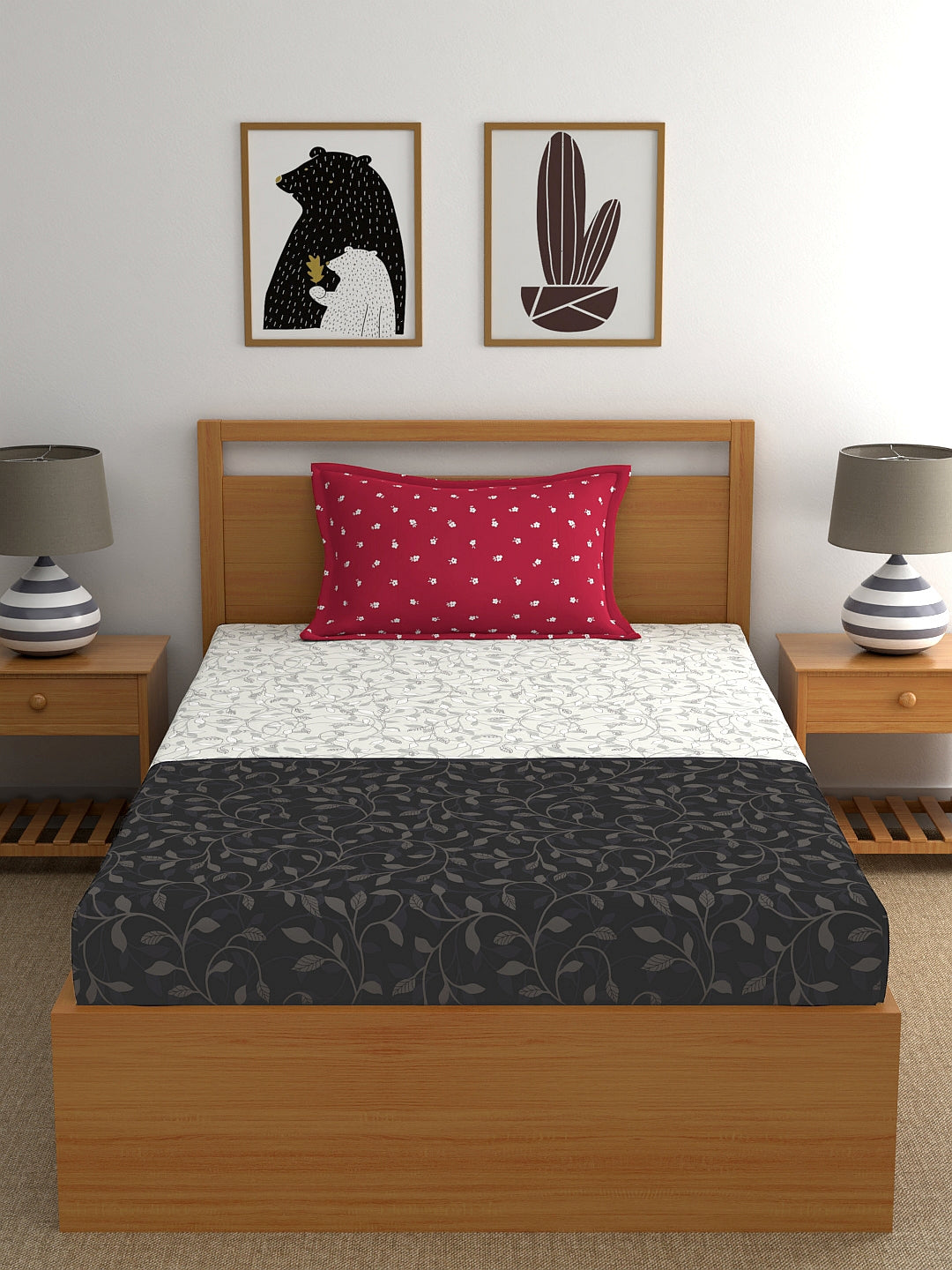 My Room 100% Cotton 140 TC Floral Bedsheet Set - Colour: Black