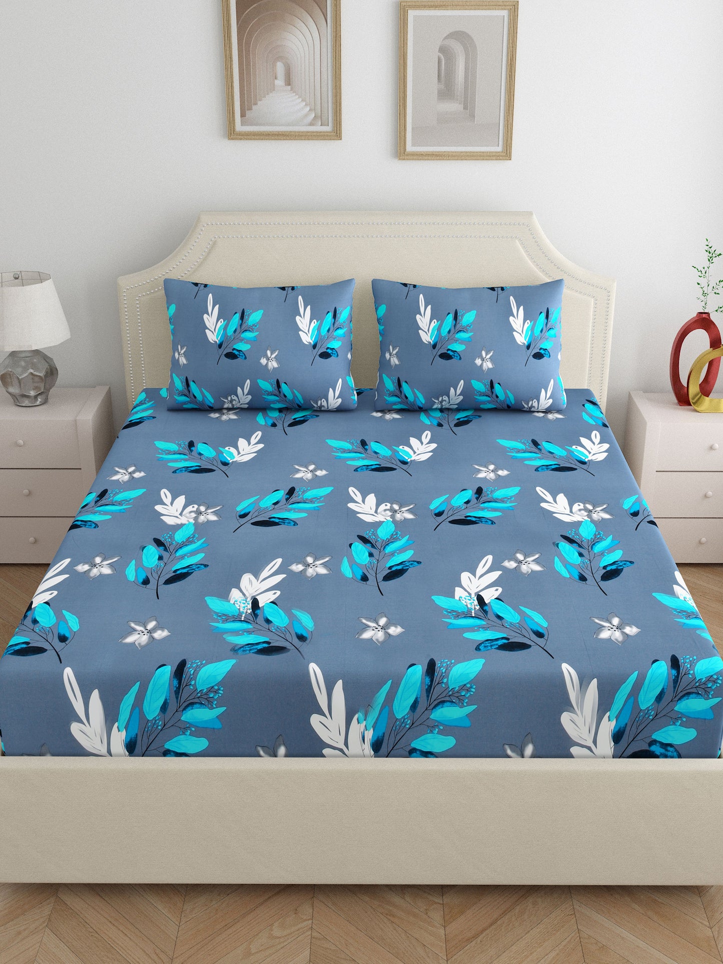 Dreamscape 100% Cotton Floral Bedsheet Set | 180 TC | Blue