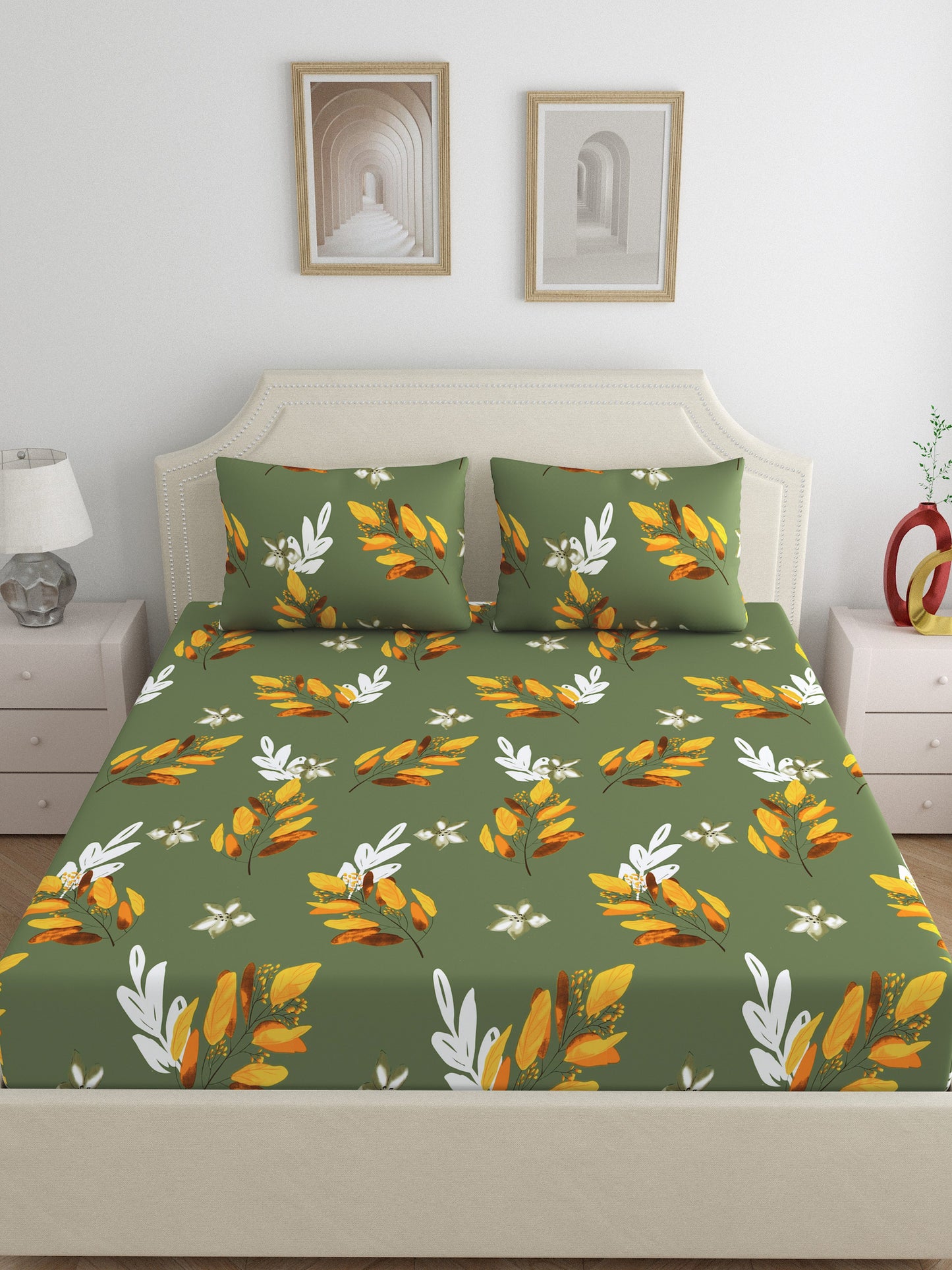 Dreamscape 100% Cotton Floral Bedsheet Set | 180 TC | Green