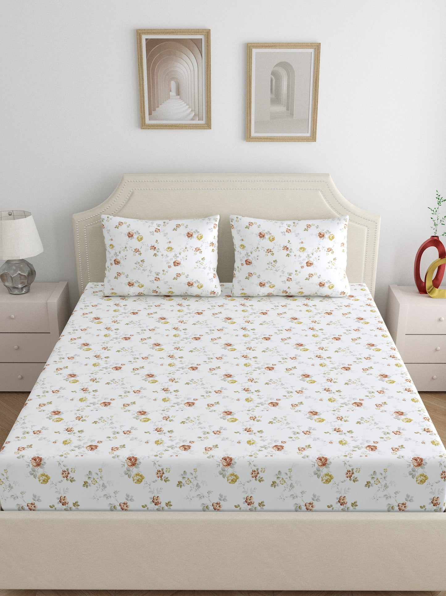Dreamscape 100% Cotton Floral Bedsheet Set | 300 TC | Brown