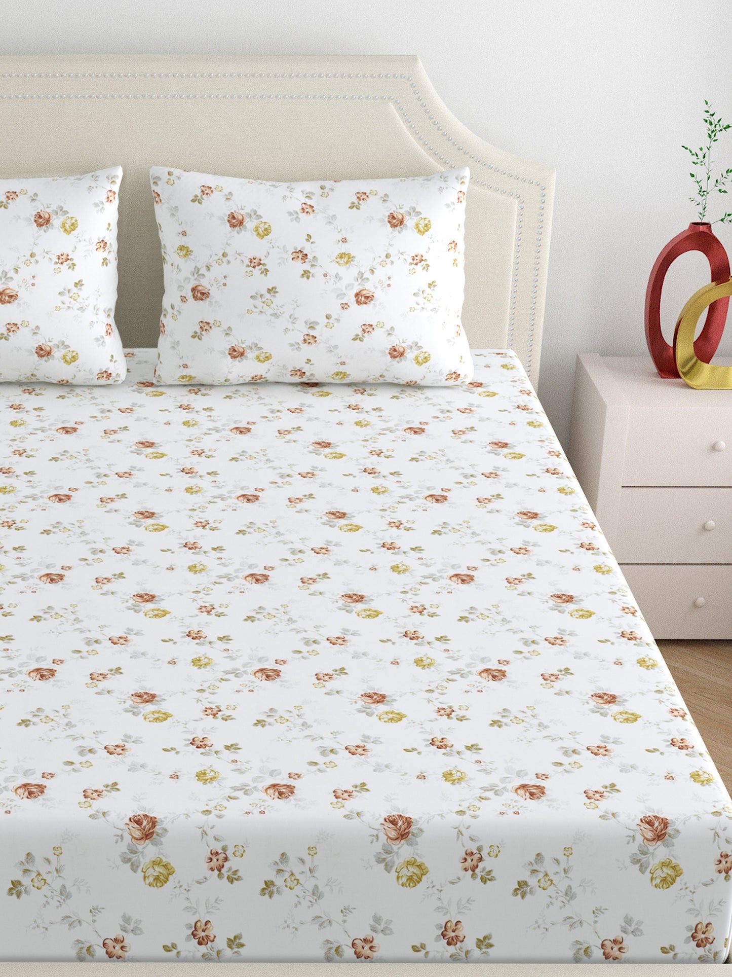 Dreamscape 100% Cotton Floral Bedsheet Set | 300 TC | Brown