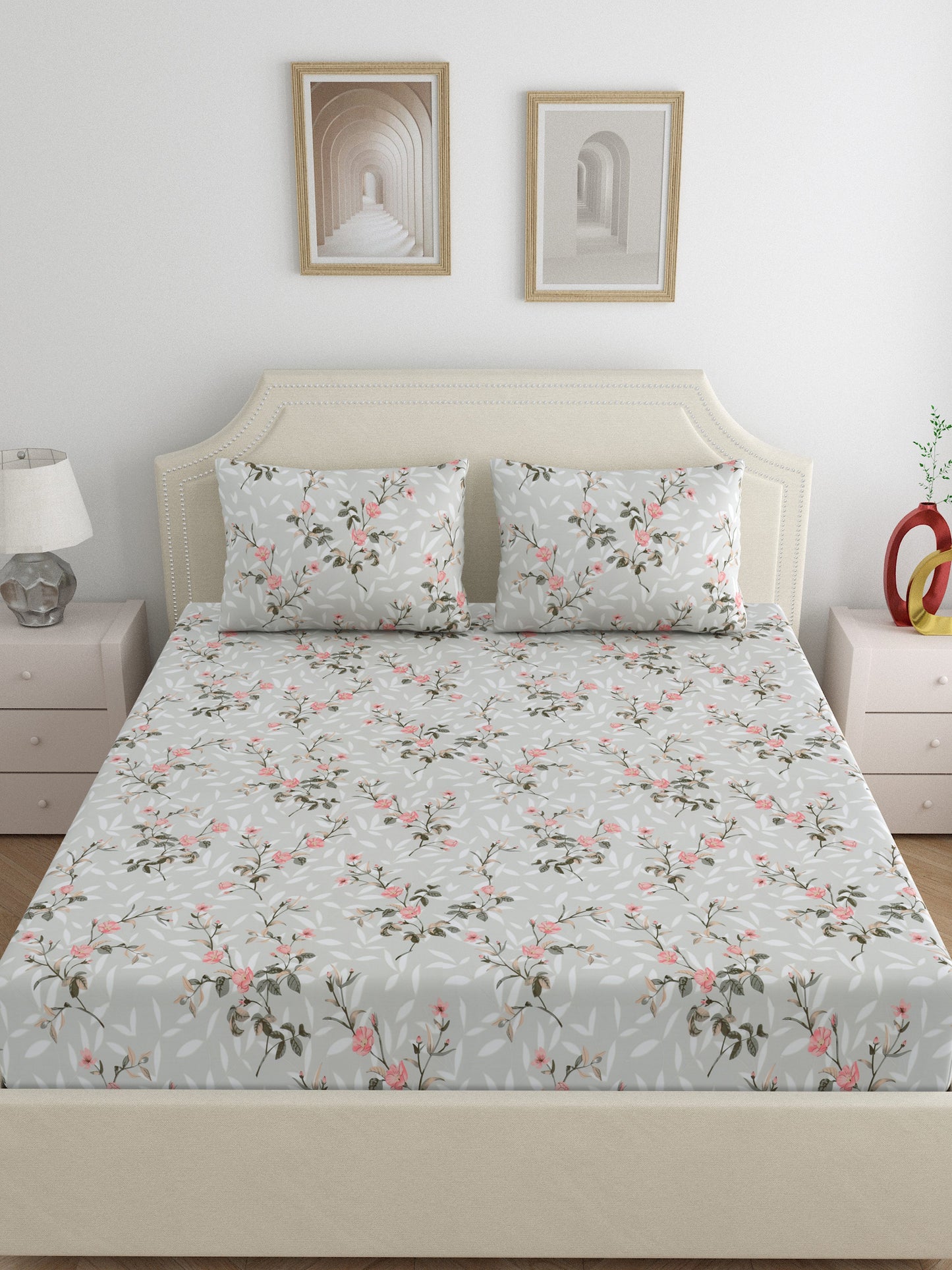 Dreamscape 100% Cotton Floral Bedsheet Set | 200 TC | Beige