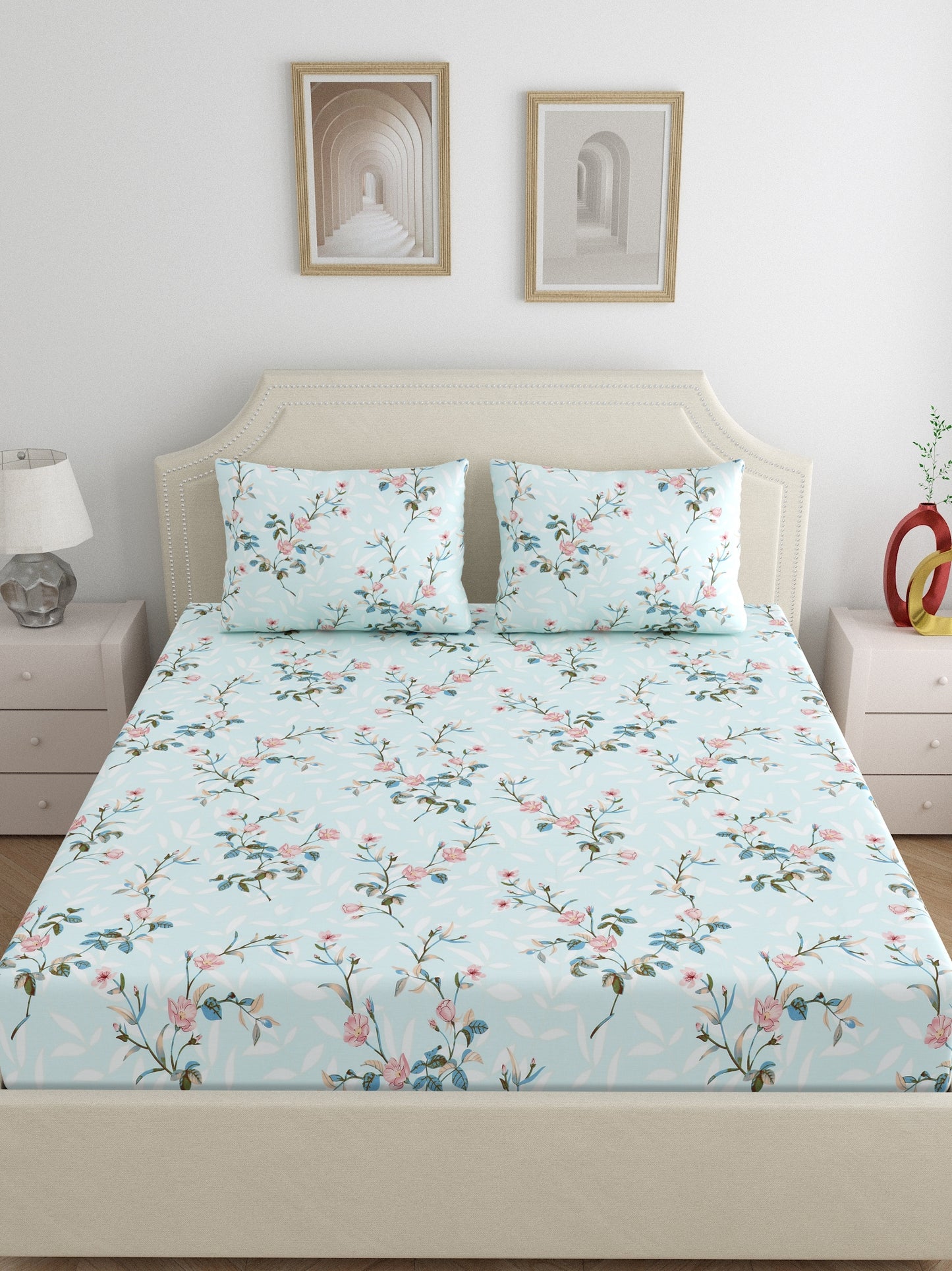 Dreamscape 100% Cotton Floral Bedsheet Set | 200 TC | Sea Green