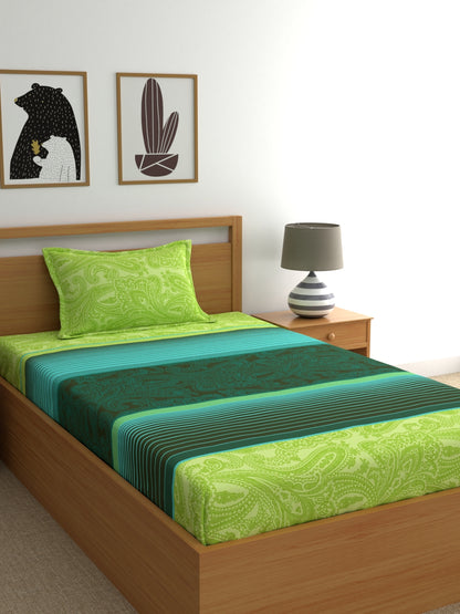 Home Ecstasy 100% Cotton Stripe Bedsheet Set | 140 TC | Lime Green