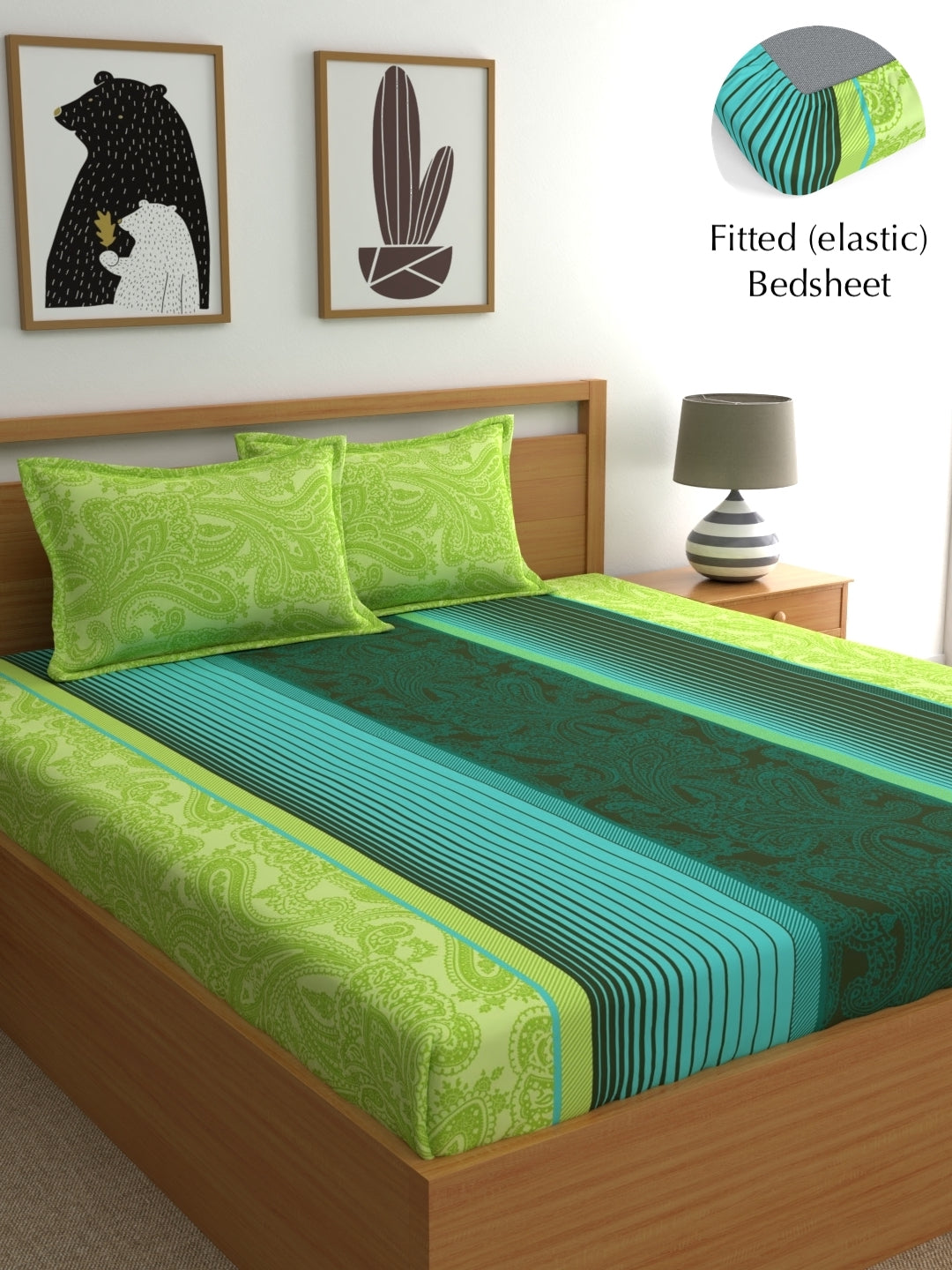 Decco 100% Cotton 120 TC Stripe Bedsheet Set - Colour: Lime Green