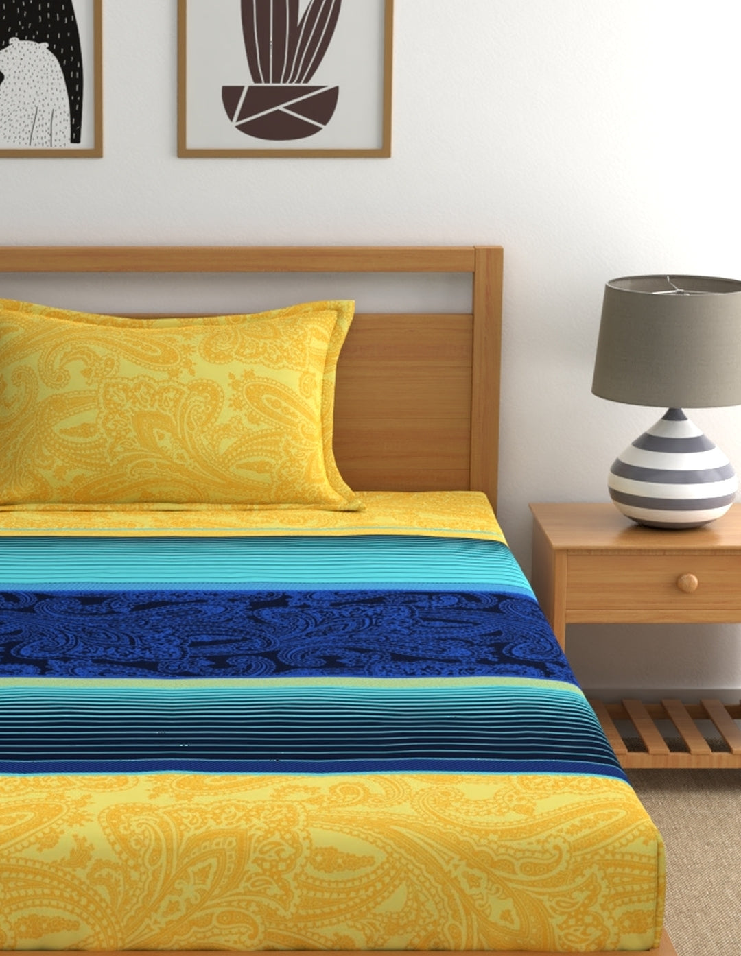 Home Ecstasy Wrinkle-Free Stripe Bedsheet Set | 100 GSM | Blue