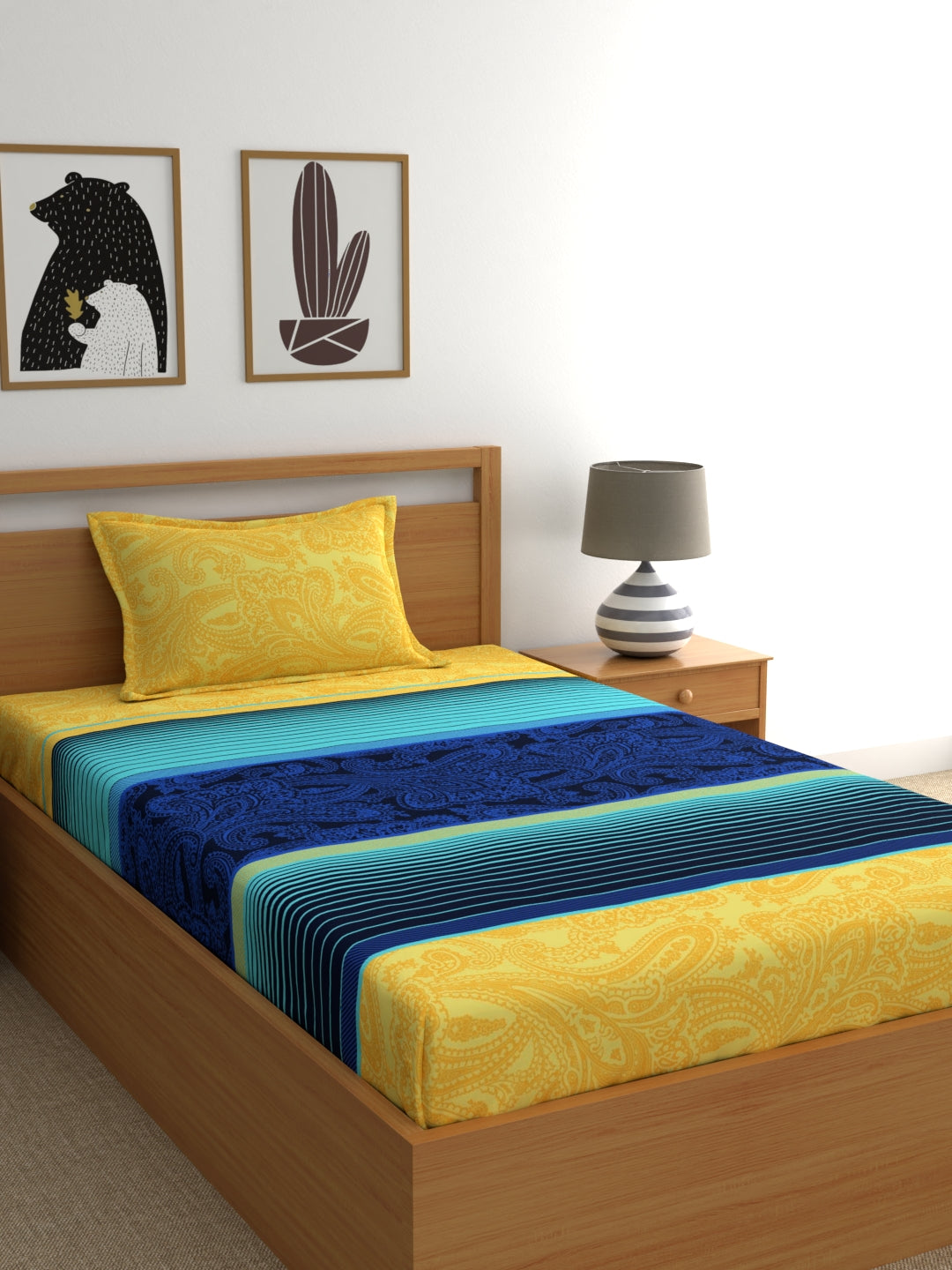 Home Ecstasy Wrinkle-Free Stripe Bedsheet Set | 100 GSM | Blue