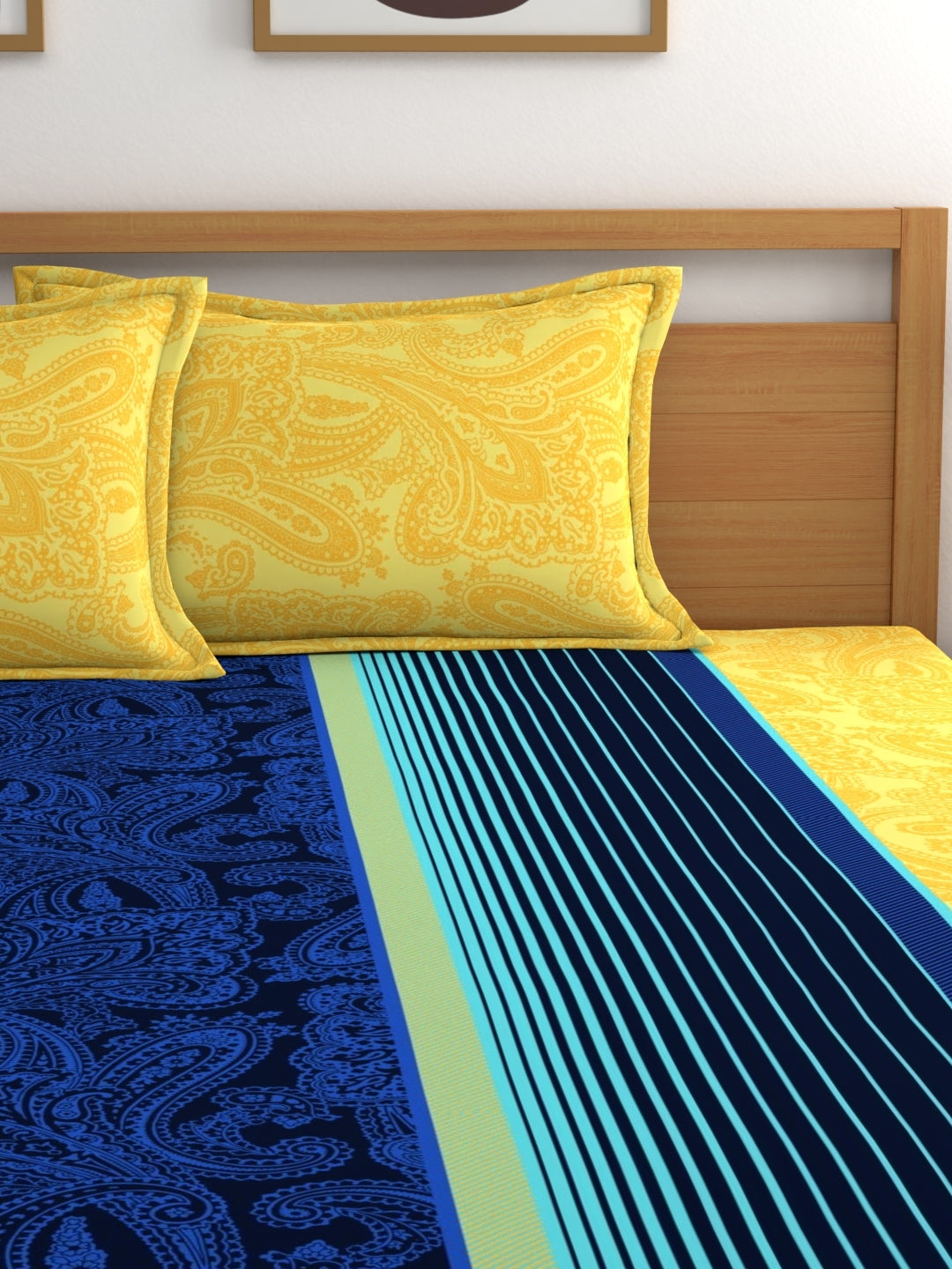 Home Ecstasy Wrinkle-Free Stripe Bedsheet Set | 100 GSM | Blue