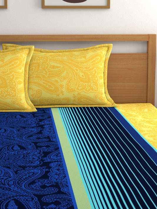 Home Ecstasy 100% Cotton Stripe Bedsheet Set | 140 TC | Blue