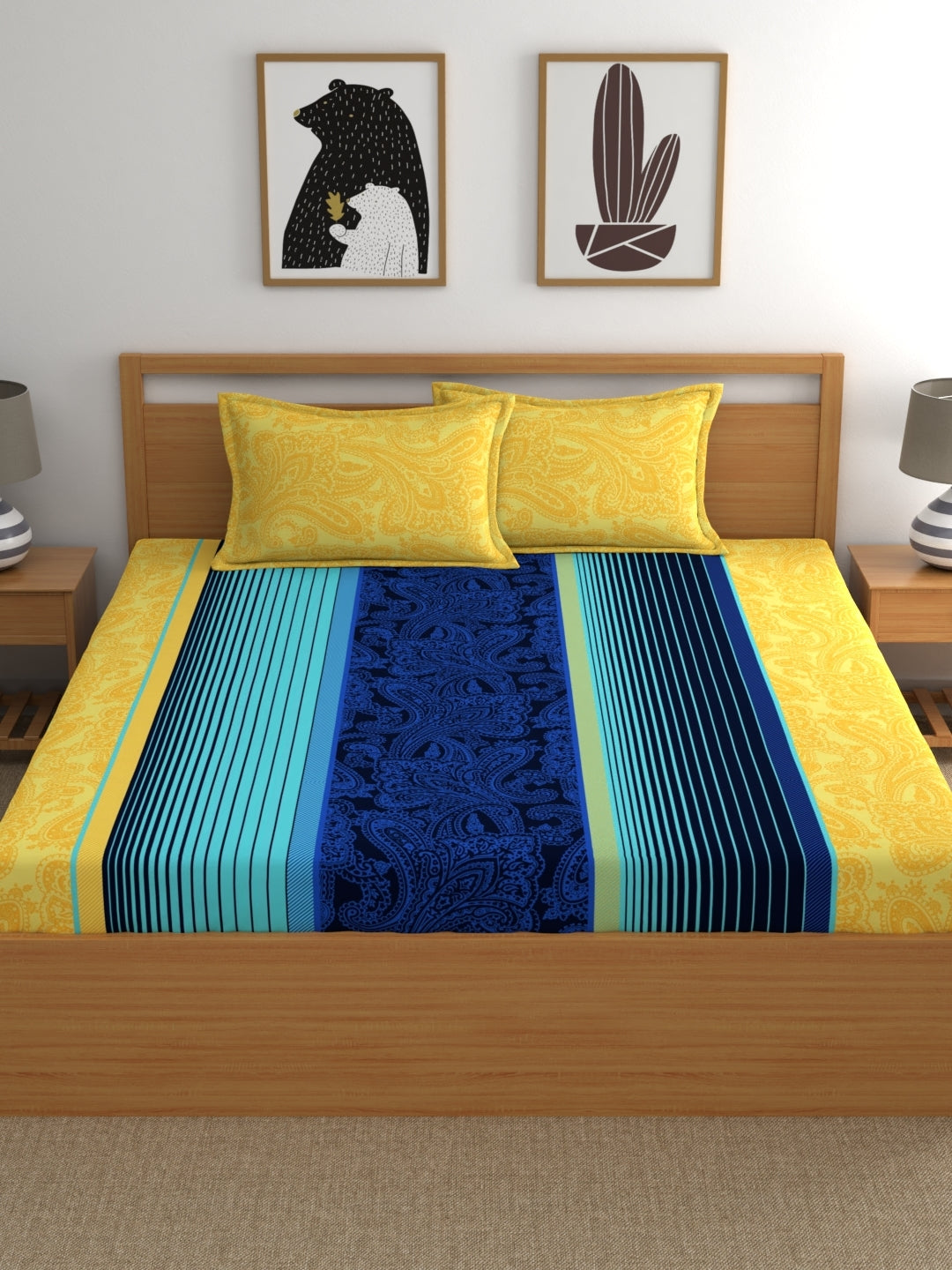Home Ecstasy Wrinkle-Free Stripe Bedsheet Set | 100 GSM | Blue