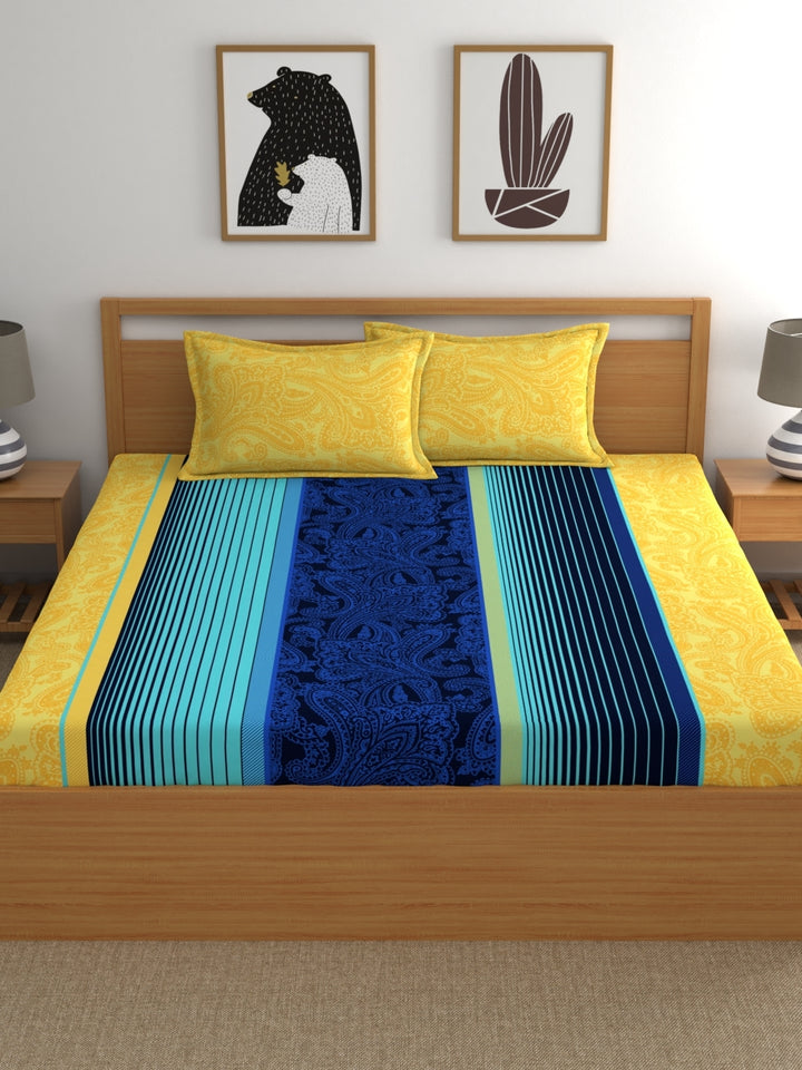 Home Ecstasy 100% Cotton Stripe Bedsheet Set | 140 TC | Blue