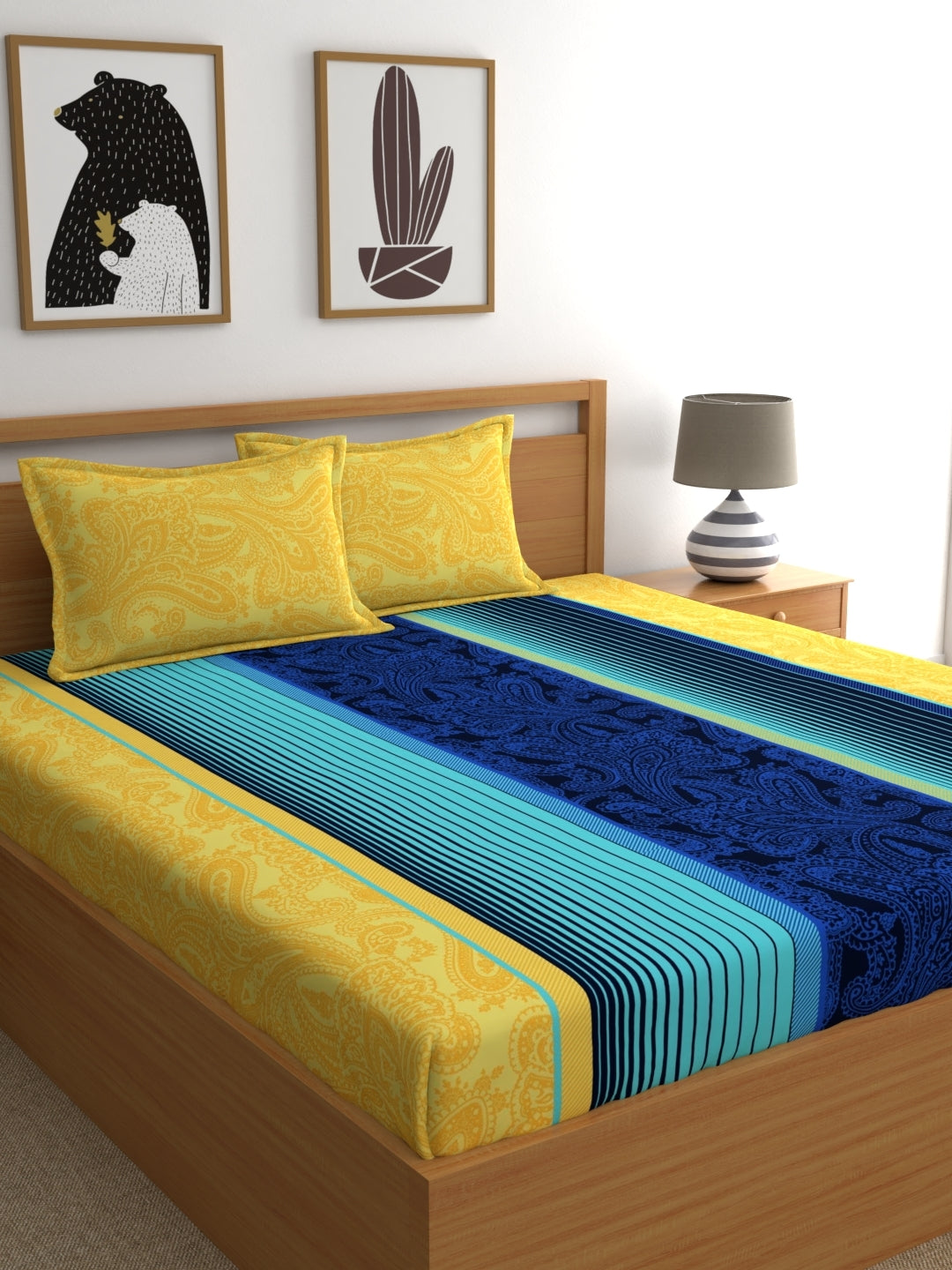 Home Ecstasy Wrinkle-Free Stripe Bedsheet Set | 100 GSM | Blue