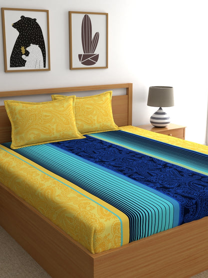 Home Ecstasy Wrinkle-Free Stripe Bedsheet Set | 100 GSM | Blue