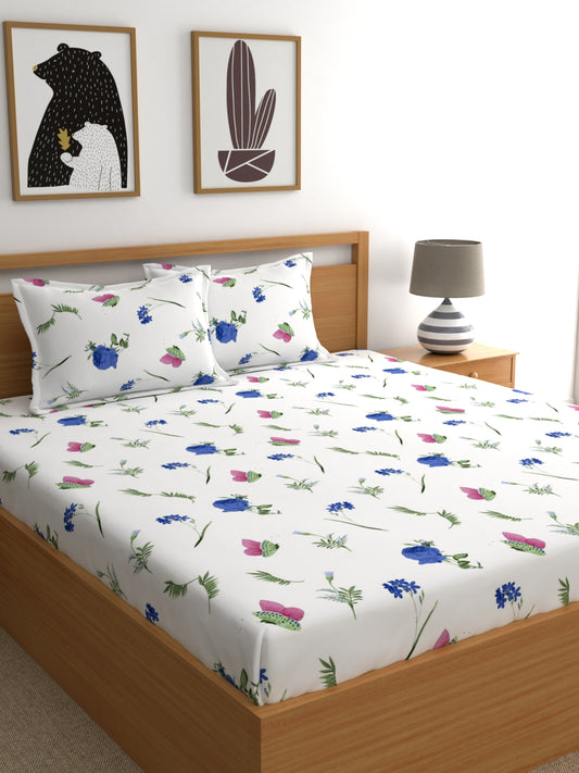 Home Ecstasy 100% Cotton Floral Bedsheet Set | 140 TC | White and Blue