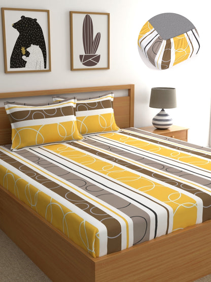 Dreamscape Wrinkle and Fade Resistant 140 GSM Geometric Bedsheet Set - Colour: Yellow